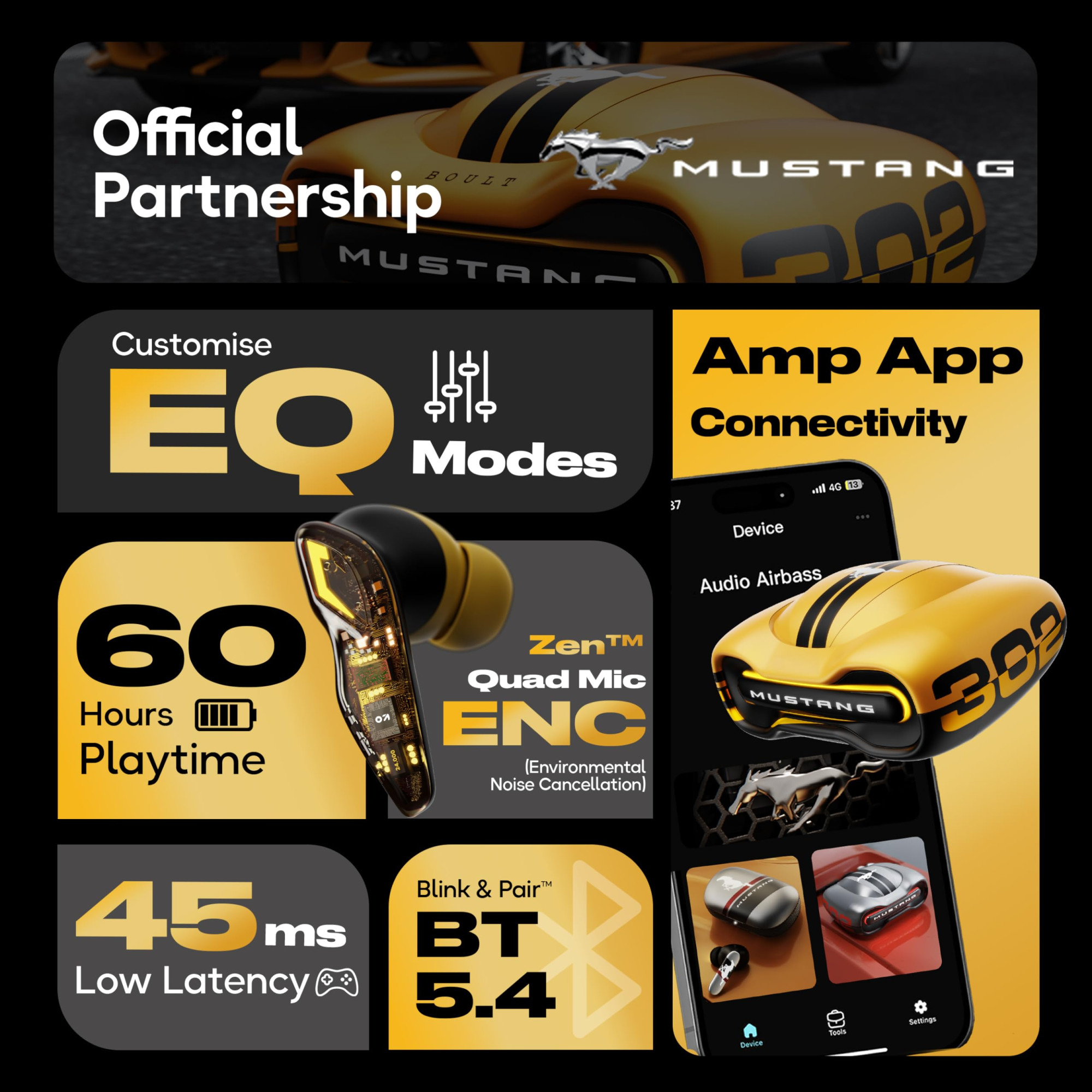 GOBOULT Mustang Torq Wireless in Ear Earbuds with 60H Playtime App Support Quad Mic ENC 45ms Low Latency 13mm Driver Breathing LEDsTouch Controls Made in India IPX5 Ear buds Wireless Yellow