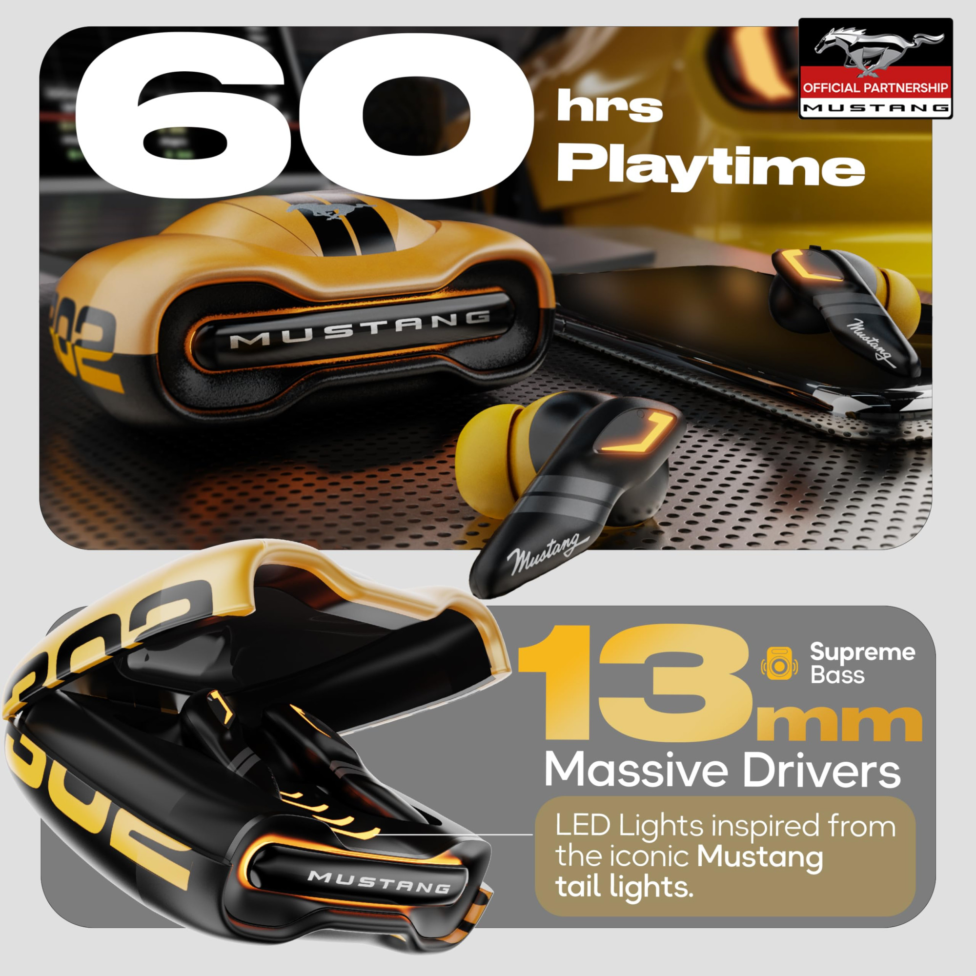 GOBOULT Mustang Torq Wireless in Ear Earbuds with 60H Playtime App Support Quad Mic ENC 45ms Low Latency 13mm Driver Breathing LEDsTouch Controls Made in India IPX5 Ear buds Wireless Yellow