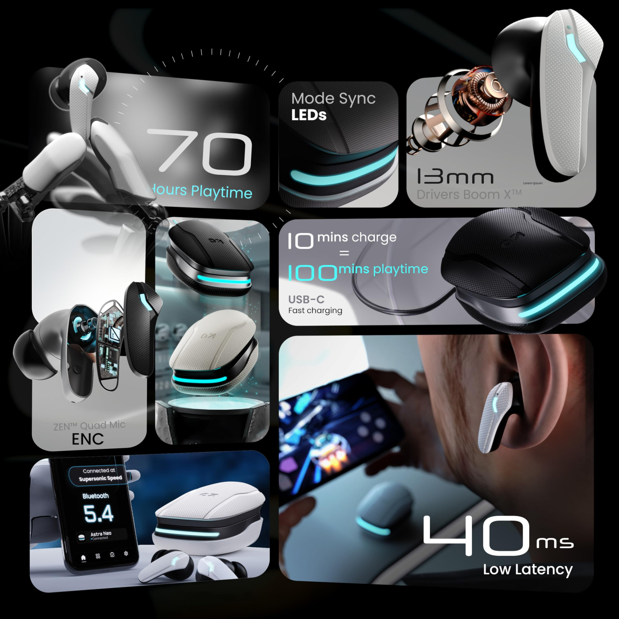 GOBOULT Newly Launched Astra Neo Bluetooth Earbuds with 70H Playtime 40mm Bass Drivers Zen ENC Mic Type-C Fast Charging 4 EQ Modes Bluetooth IPX5 Wireless Earbuds Black