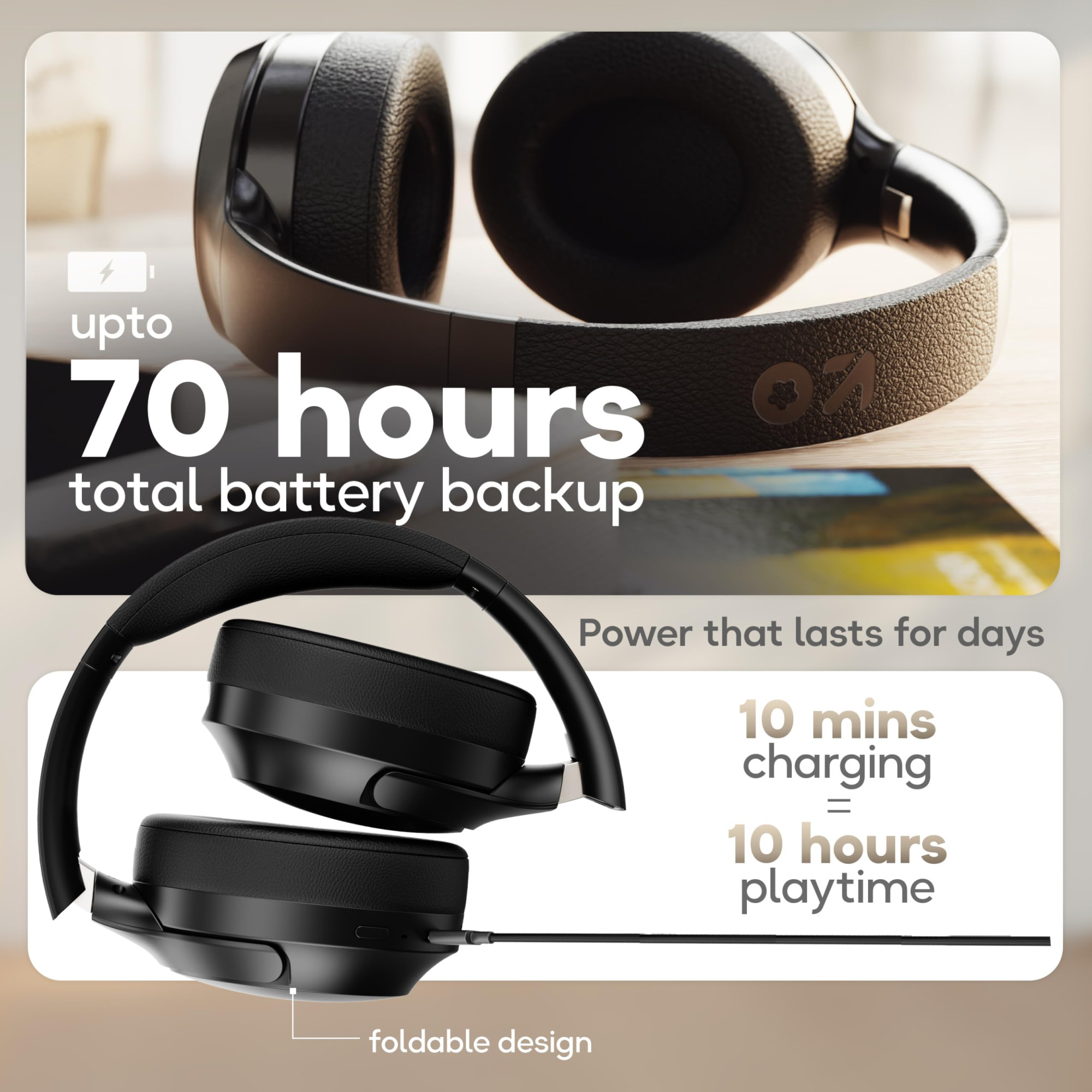 GOBOULT Q Over Ear Bluetooth Headphones with 70H Playtime 40mm Bass Drivers Zen ENC Mic Type-C Fast Charging 4 EQ Modes AUX Option Easy Control IPX5 Headphones Wireless with mic Black