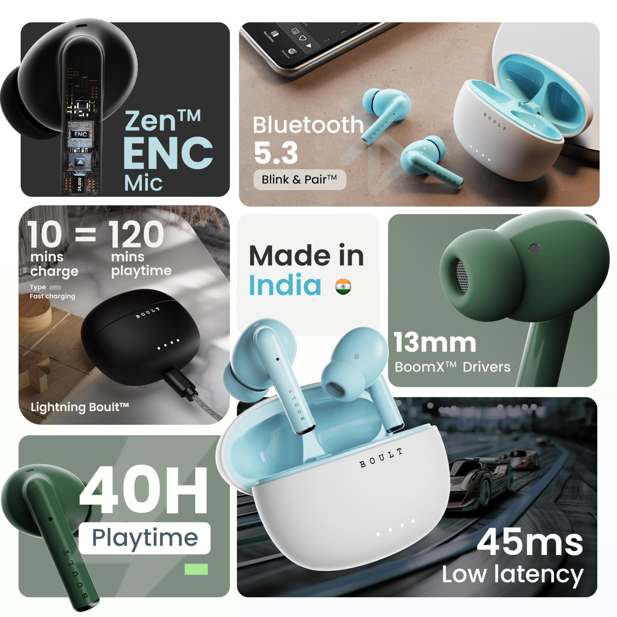 GOBOULT W20 Truly Wireless in Ear Earbuds with 40H Playtime Zen ENC Mic 45ms Low Latency 13mm Bass Drivers Type-C Fast Charging Made in India Touch Control IPX5 Ear Buds TWS Glacier Blue