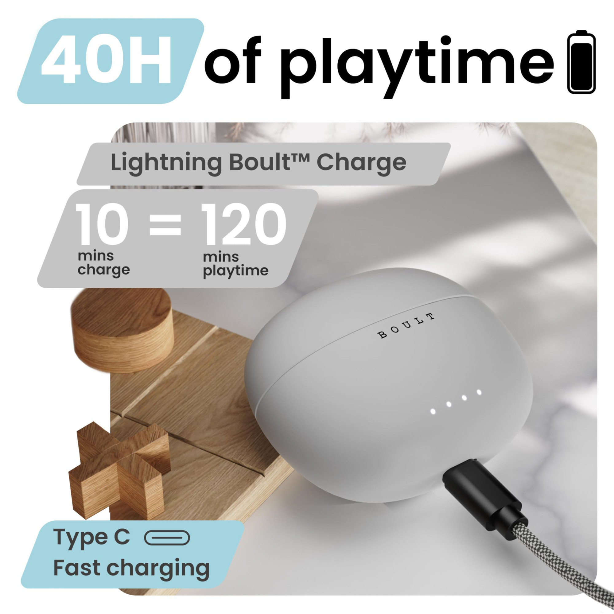 GOBOULT W20 Truly Wireless in Ear Earbuds with 40H Playtime Zen ENC Mic 45ms Low Latency 13mm Bass Drivers Type-C Fast Charging Made in India Touch Control IPX5 Ear Buds TWS Glacier Blue