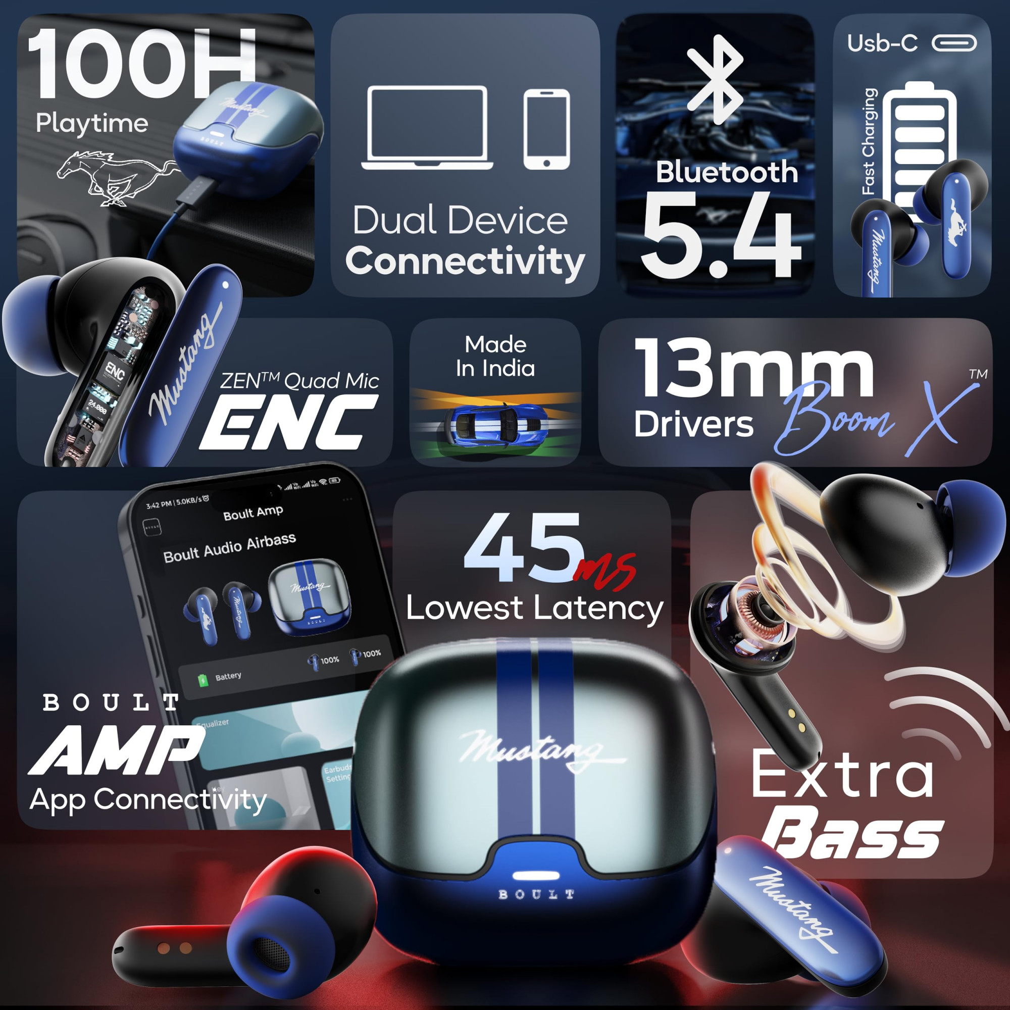 GOBOULT x Mustang Derby Truly Wireless in Ear Earbuds with 100H Playtime App Support Dual Device Pairing 4 Clear Calling ENC Mics 45ms Low Latency Made in India IPX5 Ear Buds TWS Bluetooth 54