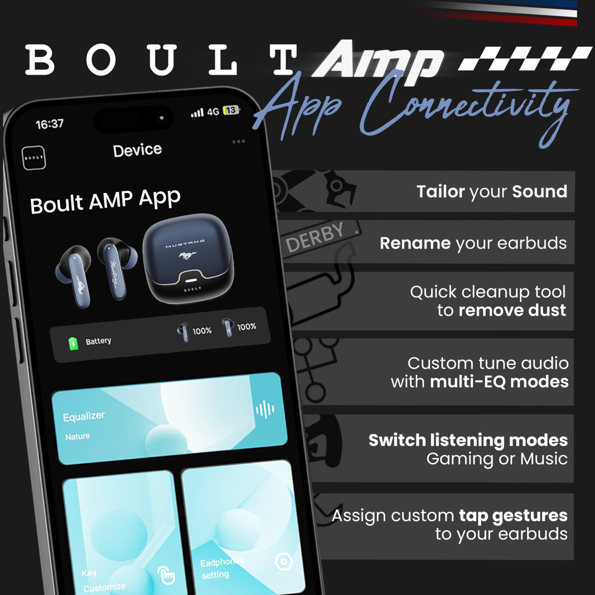 GOBOULT x Mustang Derby Truly Wireless in Ear Earbuds with 100H Playtime App Support Dual Device Pairing 4 Clear Calling ENC Mics 45ms Low Latency Made in India IPX5 Ear Buds TWS Bluetooth 54