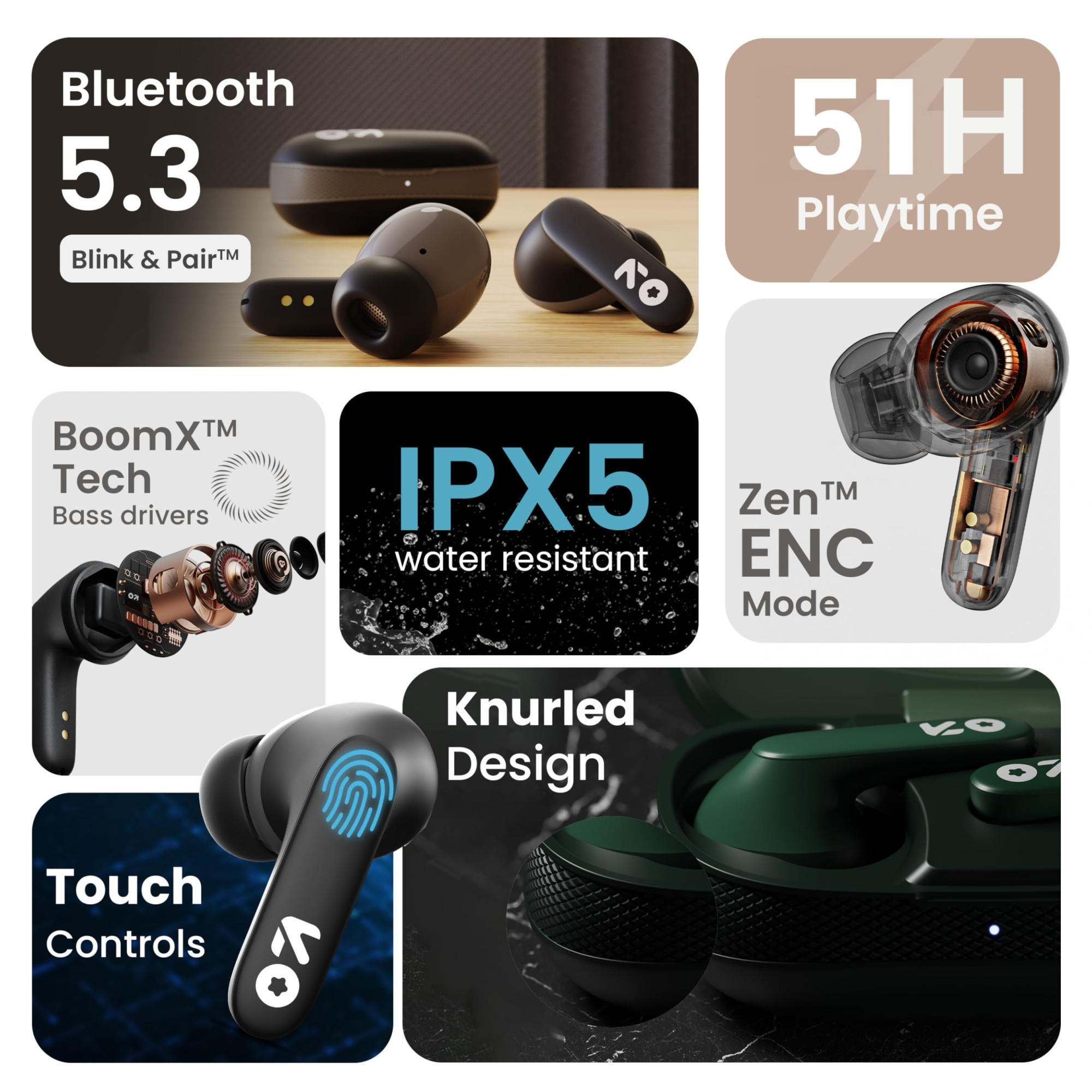 GOBOULT Z20 Truly Wireless Bluetooth Ear Buds with 51H Playtime Zen Calling ENC Mic Made in India Low Latency Gaming Touch Controls Rich Bass Drivers TWS Earbuds Bluetooth Wireless Jet Black