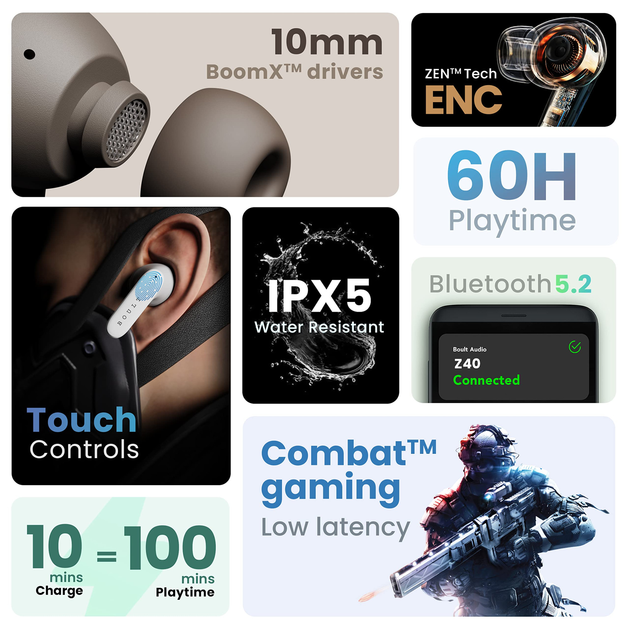 GOBOULT Z40 True Wireless in Ear Earbuds with 60H Playtime Zen ENC Mic Low Latency Gaming Type-C Fast Charging Made in India 10mm Rich Bass Drivers IPX5 Bluetooth 53 Ear Buds TWS White