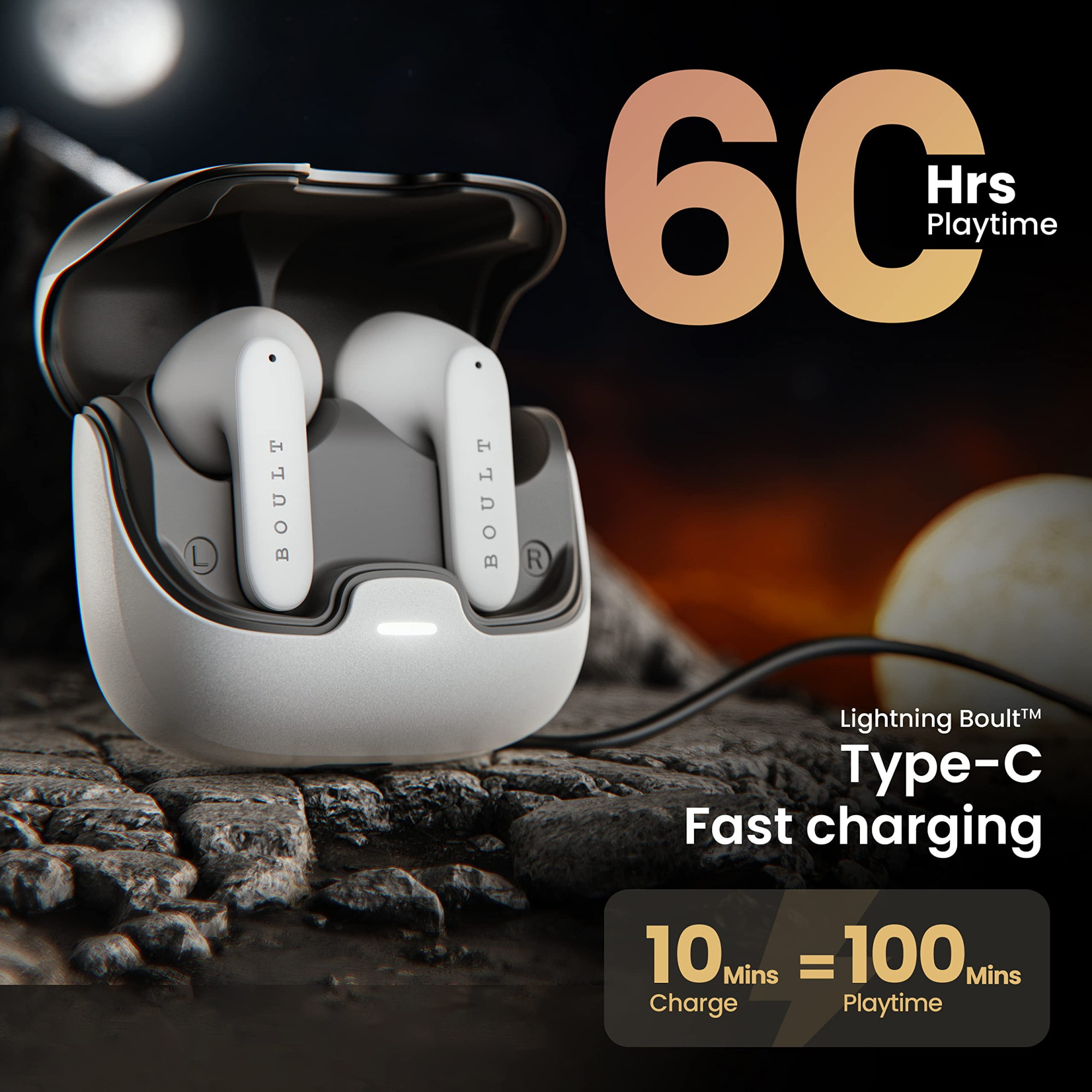 GOBOULT Z40 True Wireless in Ear Earbuds with 60H Playtime Zen ENC Mic Low Latency Gaming Type-C Fast Charging Made in India 10mm Rich Bass Drivers IPX5 Bluetooth 53 Ear Buds TWS White