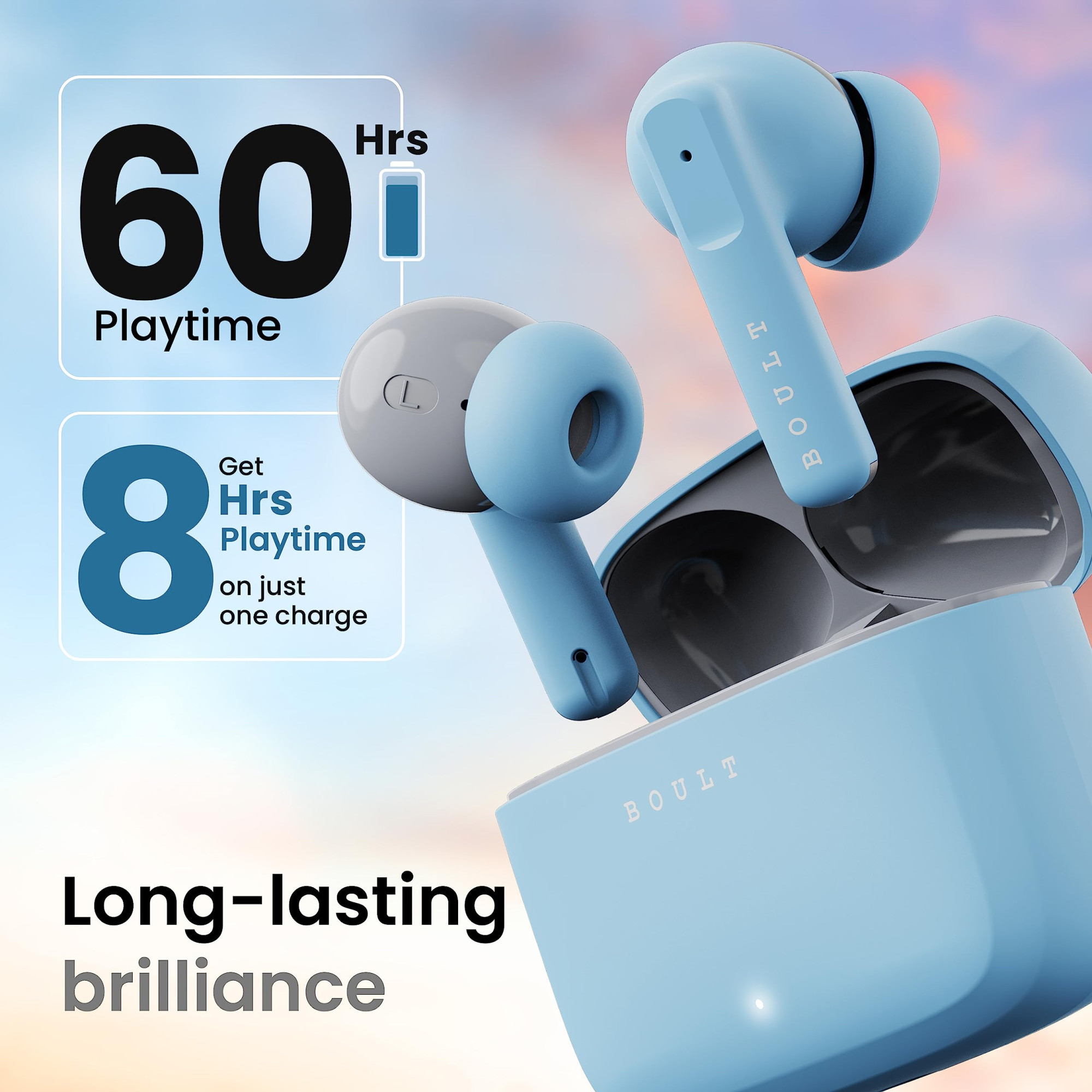 GOBOULT Z60 Truly Wireless in Ear Earbuds with 60H Playtime Zen ENC Mic 50ms Low Latency 13mm Bass Drivers Type-C Fast Charging Made in India BT V53 Touch Control IPX5 ear buds Powder Blue