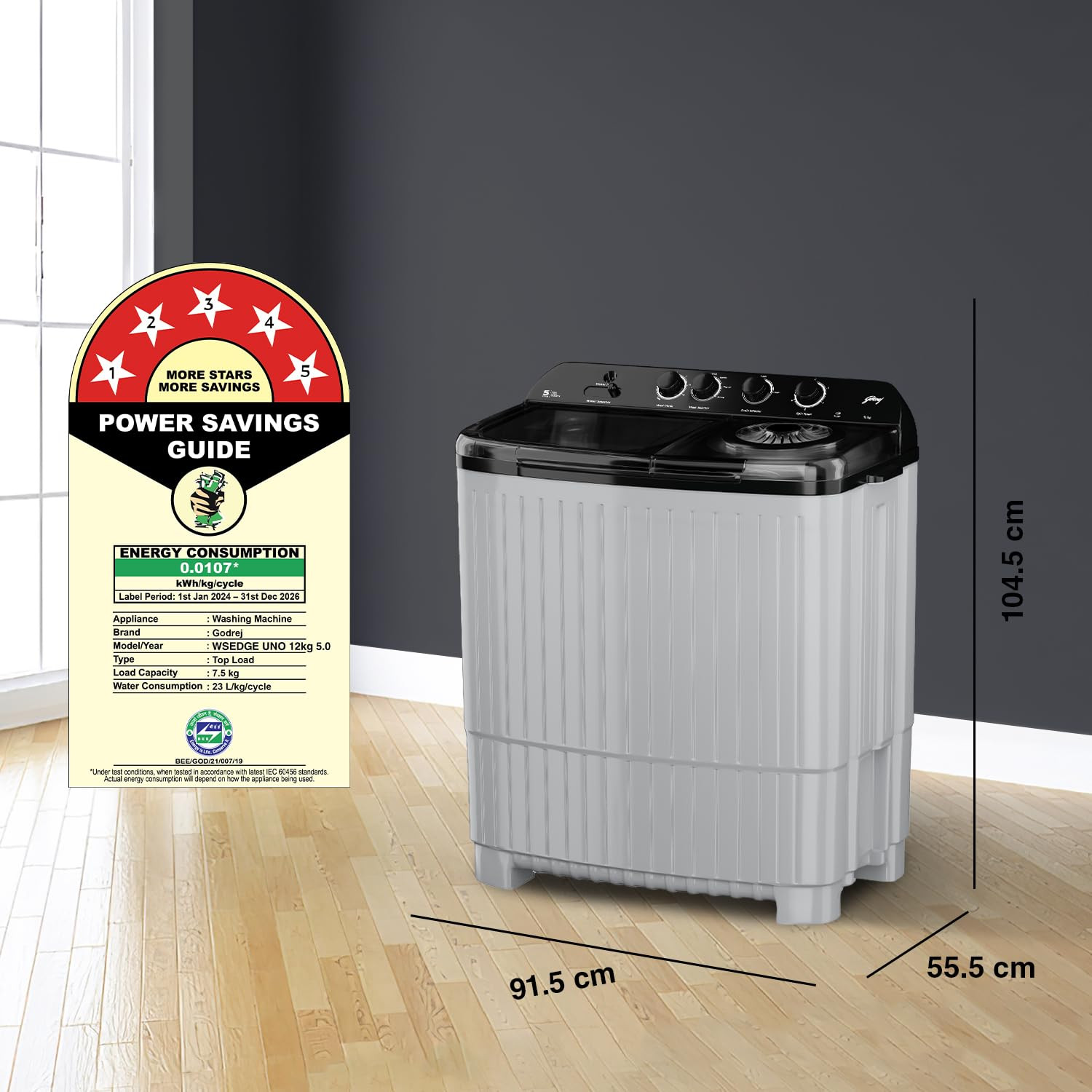 Godrej 12 Kg 5 Star Semi-Automatic Top Load Washing Machine With Air Dry and 4 Wash Programs WS EDGE UNO 120 50 PB4 MIGR Aqua Power Pulsator Mist grey