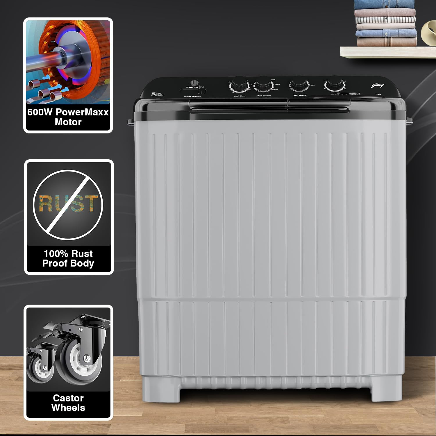 Godrej 12 Kg 5 Star Semi-Automatic Top Load Washing Machine With Air Dry and 4 Wash Programs WS EDGE UNO 120 50 PB4 MIGR Aqua Power Pulsator Mist grey