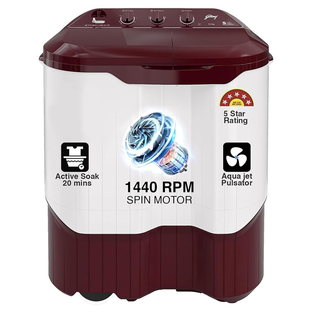 Godrej 9 Kg 5 Star Active Soak Technology Semi-Automatic Top Load Washing Machine WS EDGEPRO 90 50 PPB3 WNRD Wine Red With Rain Shower Spin