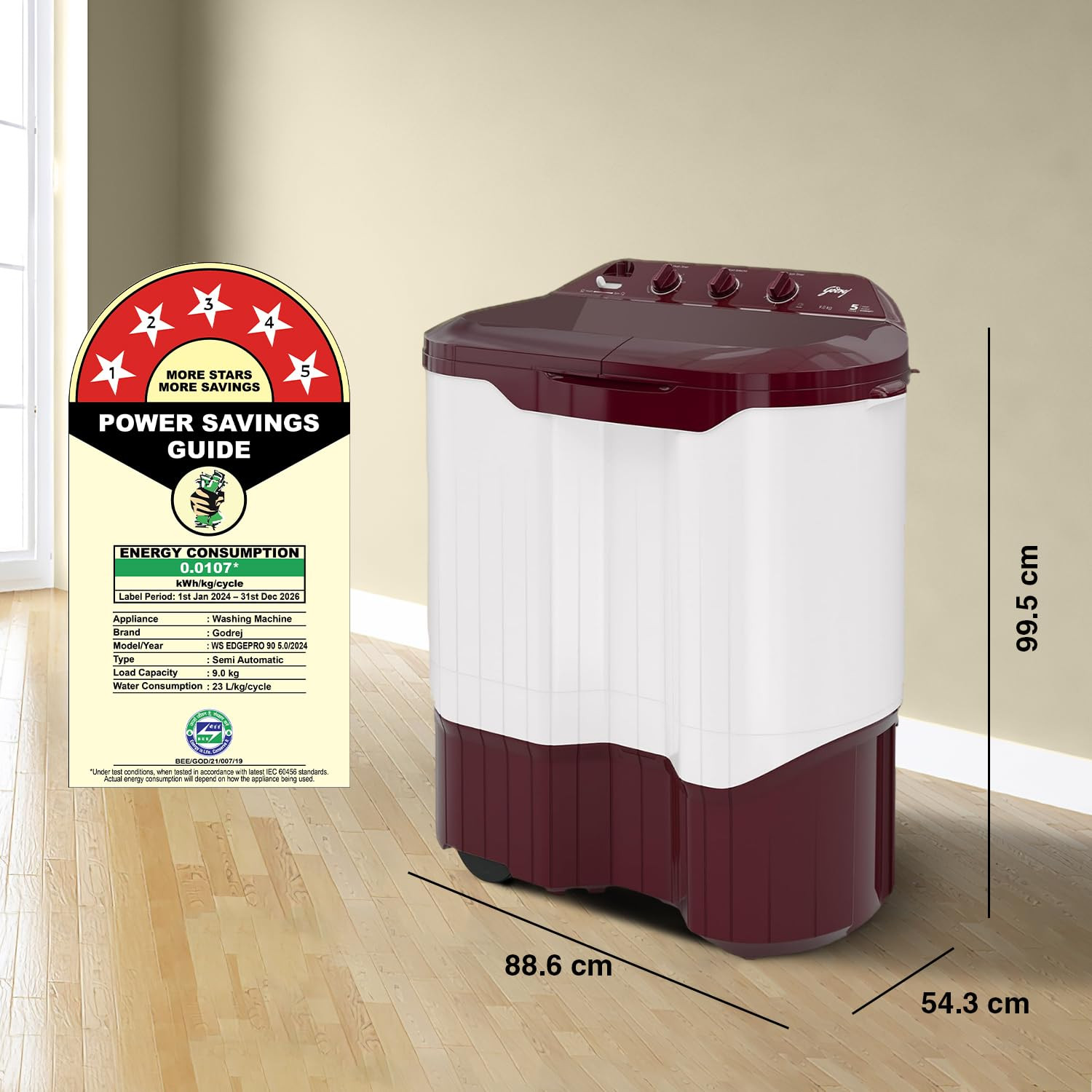 Godrej 9 Kg 5 Star Active Soak Technology Semi-Automatic Top Load Washing Machine WS EDGEPRO 90 50 PPB3 WNRD Wine Red With Rain Shower Spin