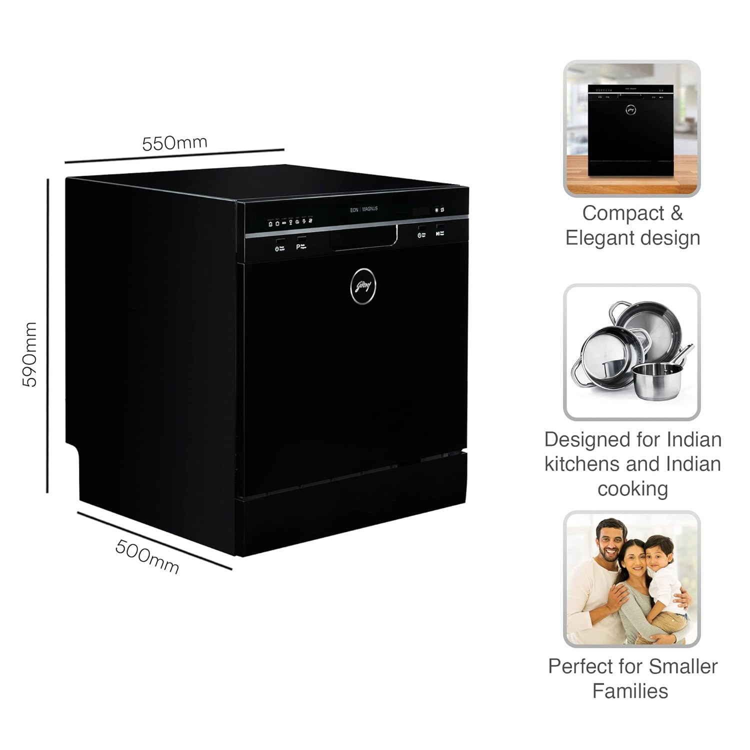Godrej Eon Dishwasher 8 Place Setting Counter-Top Compact with an In-built heater DWT EON MGNS 8C NF SKBK Silky Black Perfect for Indian kitchens Smaller families and Bachelors