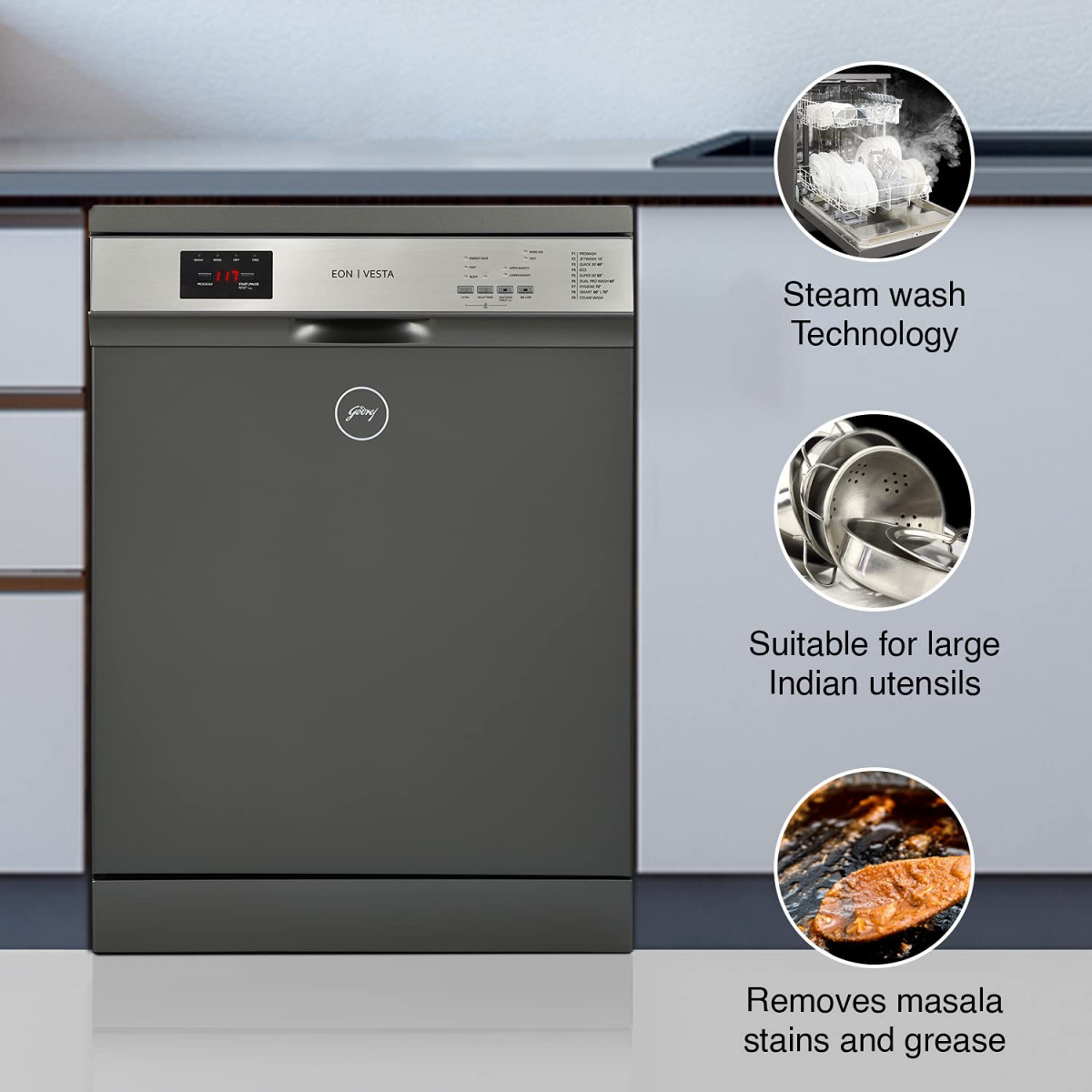 Godrej Eon Dishwasher Steam Wash Technology 13 place setting Perfect for Indian Kitchen