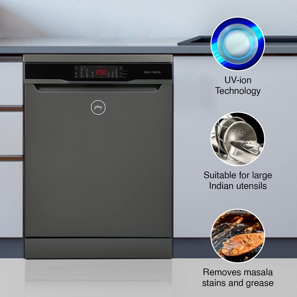 Godrej Eon Dishwasher 12 place setting Anti-Germ CrystaLight powered by UV Technology Extra Hygiene Function