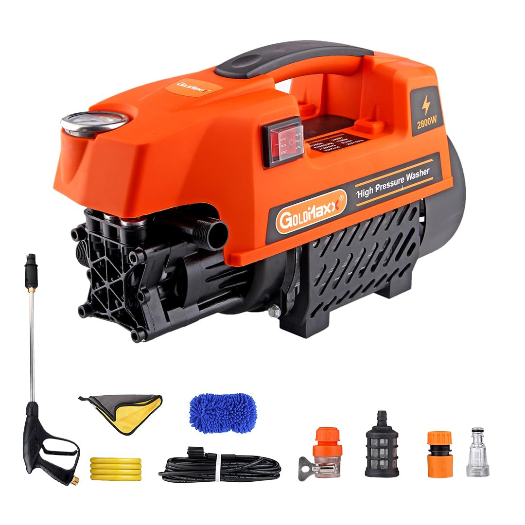 Goldmaxx High Pressure Car Washer Machine 2800 Watts Soap Dispenser 8 Meters Outlet Hose Tap Connector with Accessories for Cleaning Cars Bike Home Garden Orange