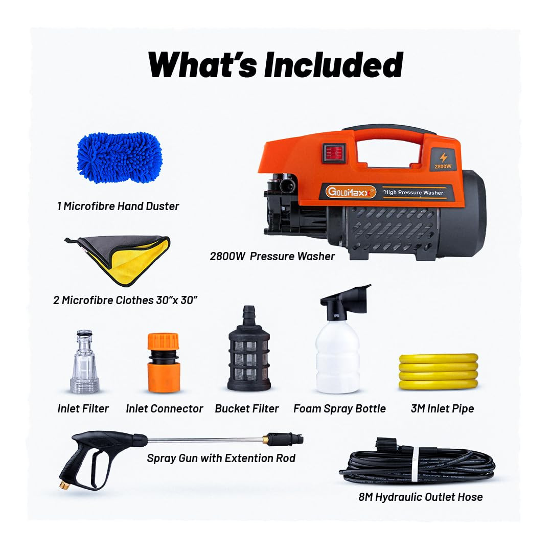Goldmaxx High Pressure Car Washer Machine 2800 Watts Soap Dispenser 8 Meters Outlet Hose Tap Connector with Accessories for Cleaning Cars Bike Home Garden Orange