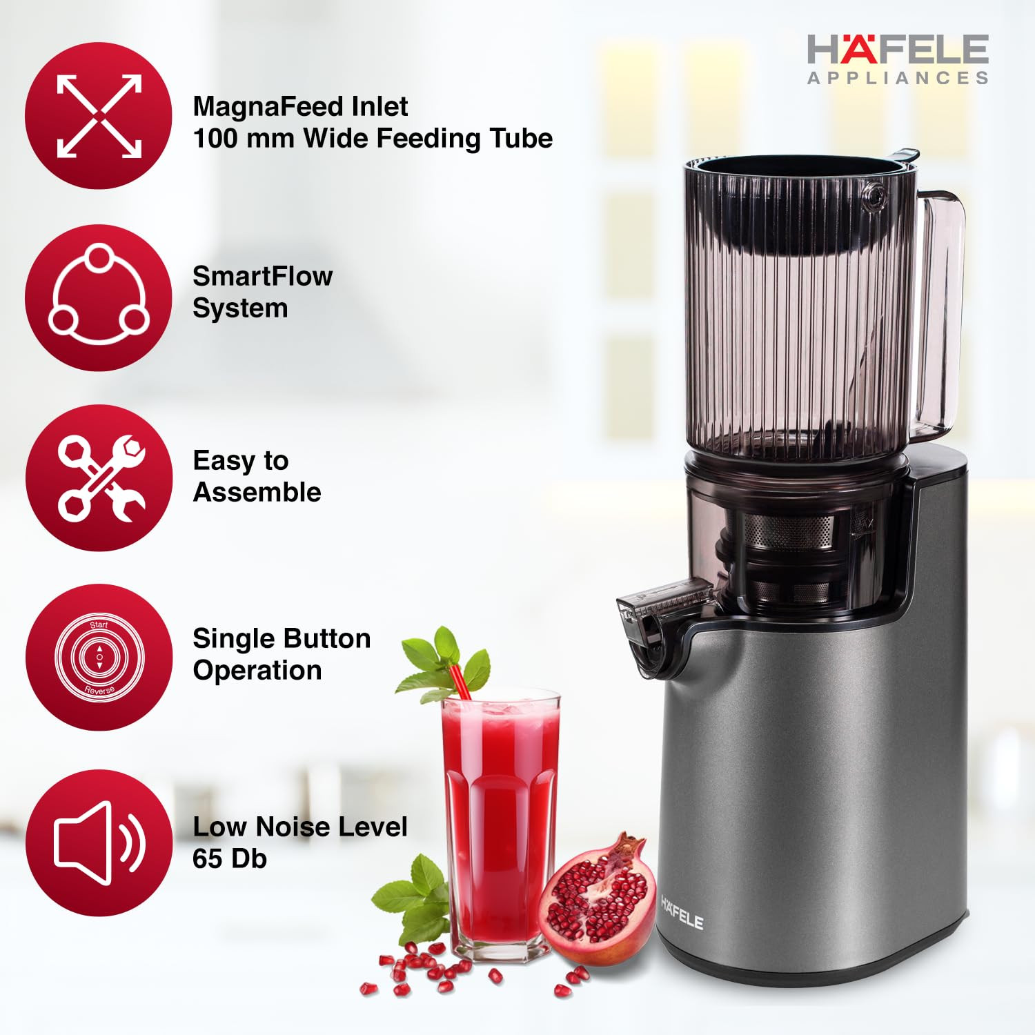 Hafele Magnus Prime Cold Press Juicer 100mm Wide Chute All-in-1 Fruit Vegetable Juicer 50RPM Speed for Max NutritionMaximum Extraction of Juice 250W