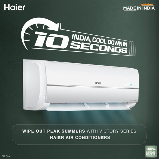 Haier 1 Ton 3 Star Twin Inverter Split AC Copper 5 in 1 Convertible Anti Bacterial Filter Cools at 54C Temp Long Air Throw - HSU11V-TMS3BE-INV 2024 Model