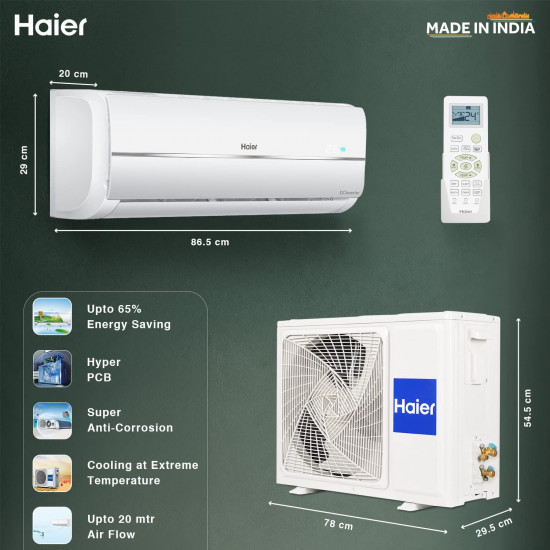 Haier 1 Ton 3 Star Twin Inverter Split AC Copper 5 in 1 Convertible Anti Bacterial Filter Cools at 54C Temp Long Air Throw - HSU11V-TMS3BE-INV 2024 Model