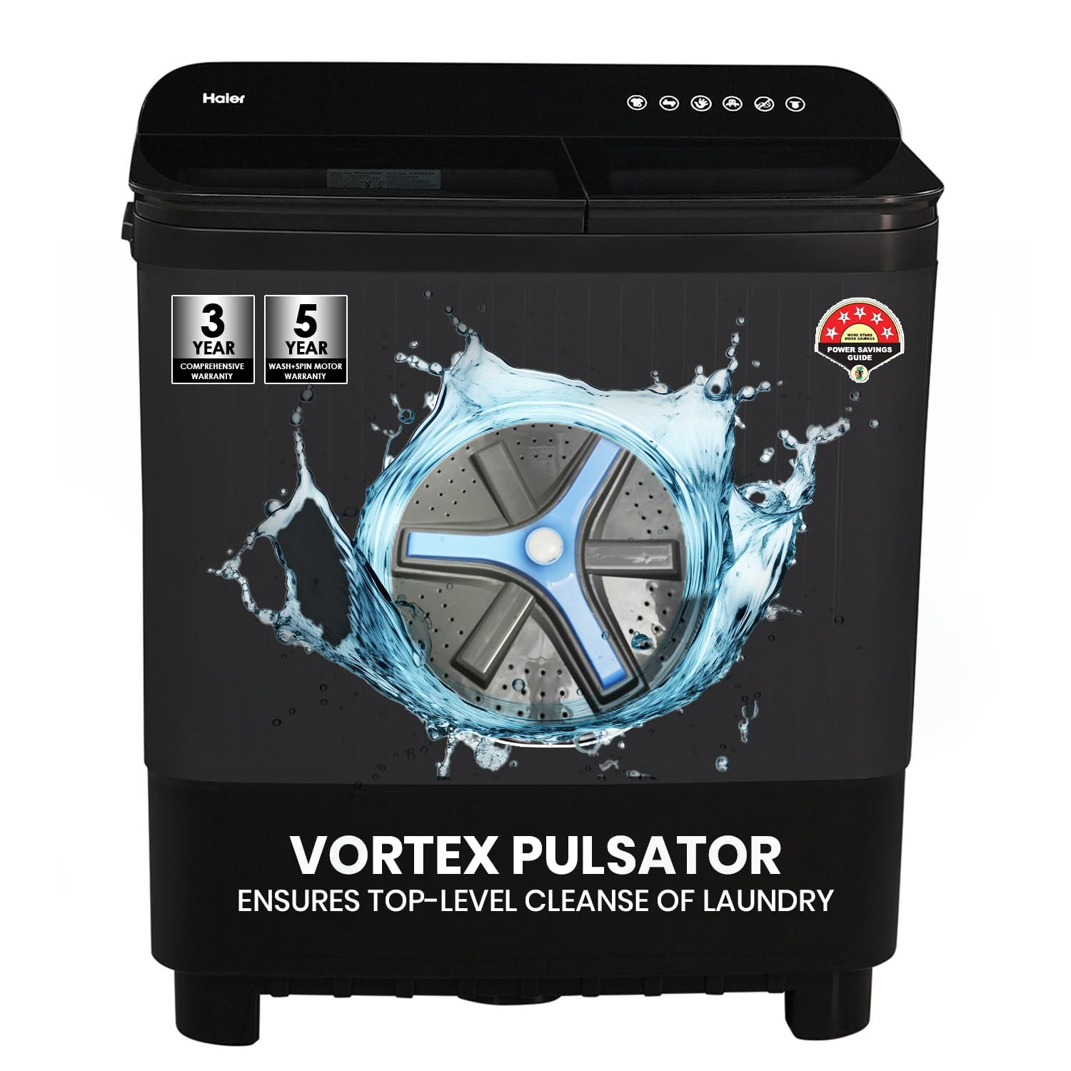 Haier 10 kg 5 Star Toughened Glass Vortex pulsator Semi Automatic Top Load HTW100-178BKNBlack
