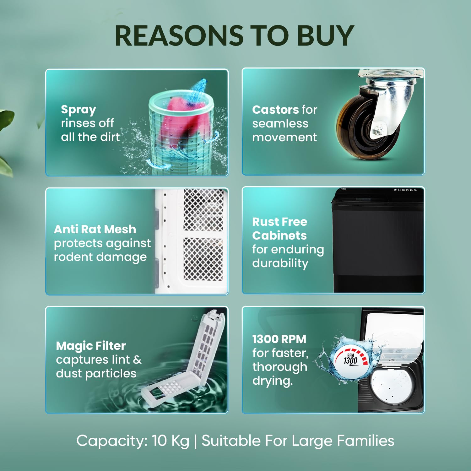 Haier 10 kg 5 Star Toughened Glass Vortex pulsator Semi Automatic Top Load HTW100-178BKNBlack