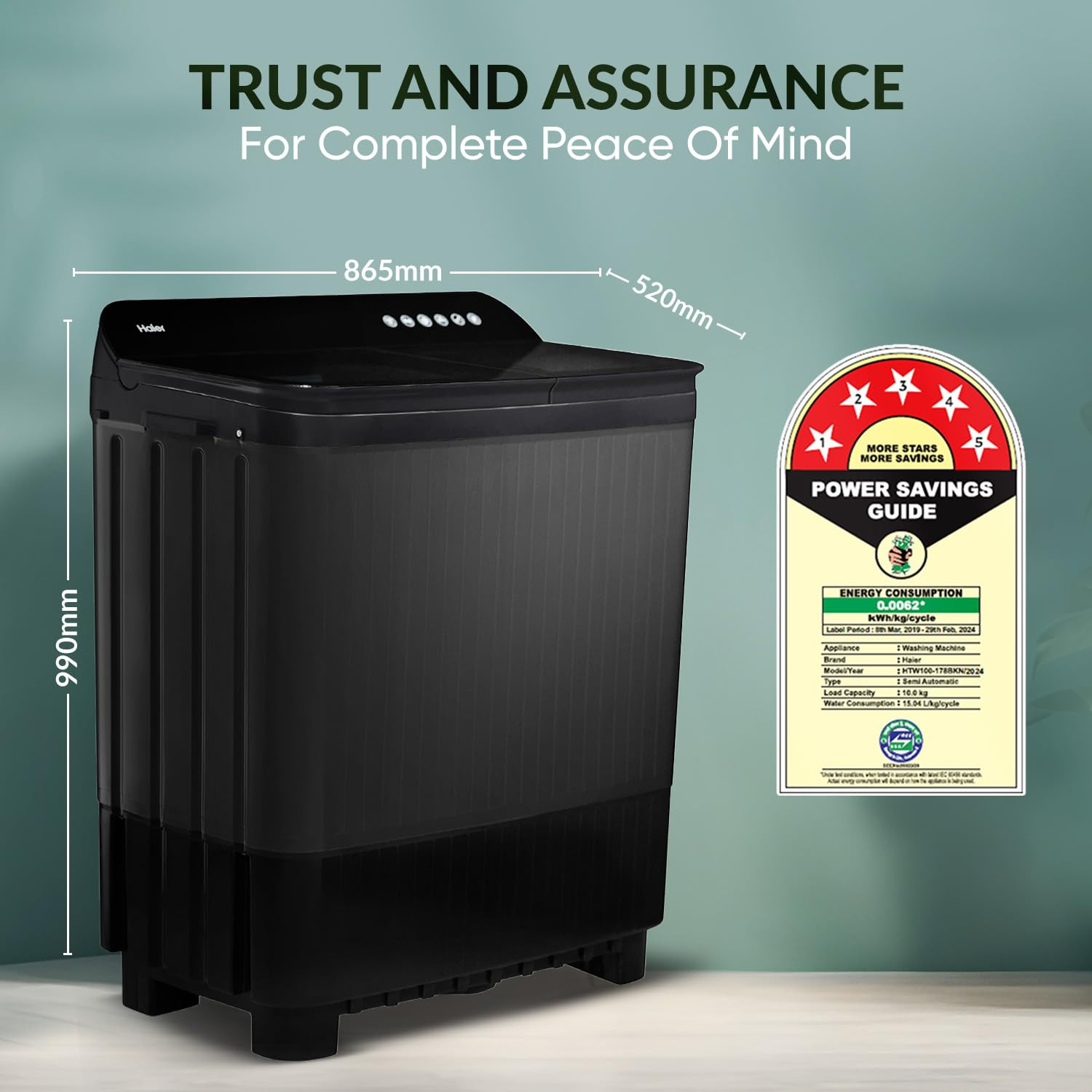 Haier 10 kg 5 Star Toughened Glass Vortex pulsator Semi Automatic Top Load HTW100-178BKNBlack