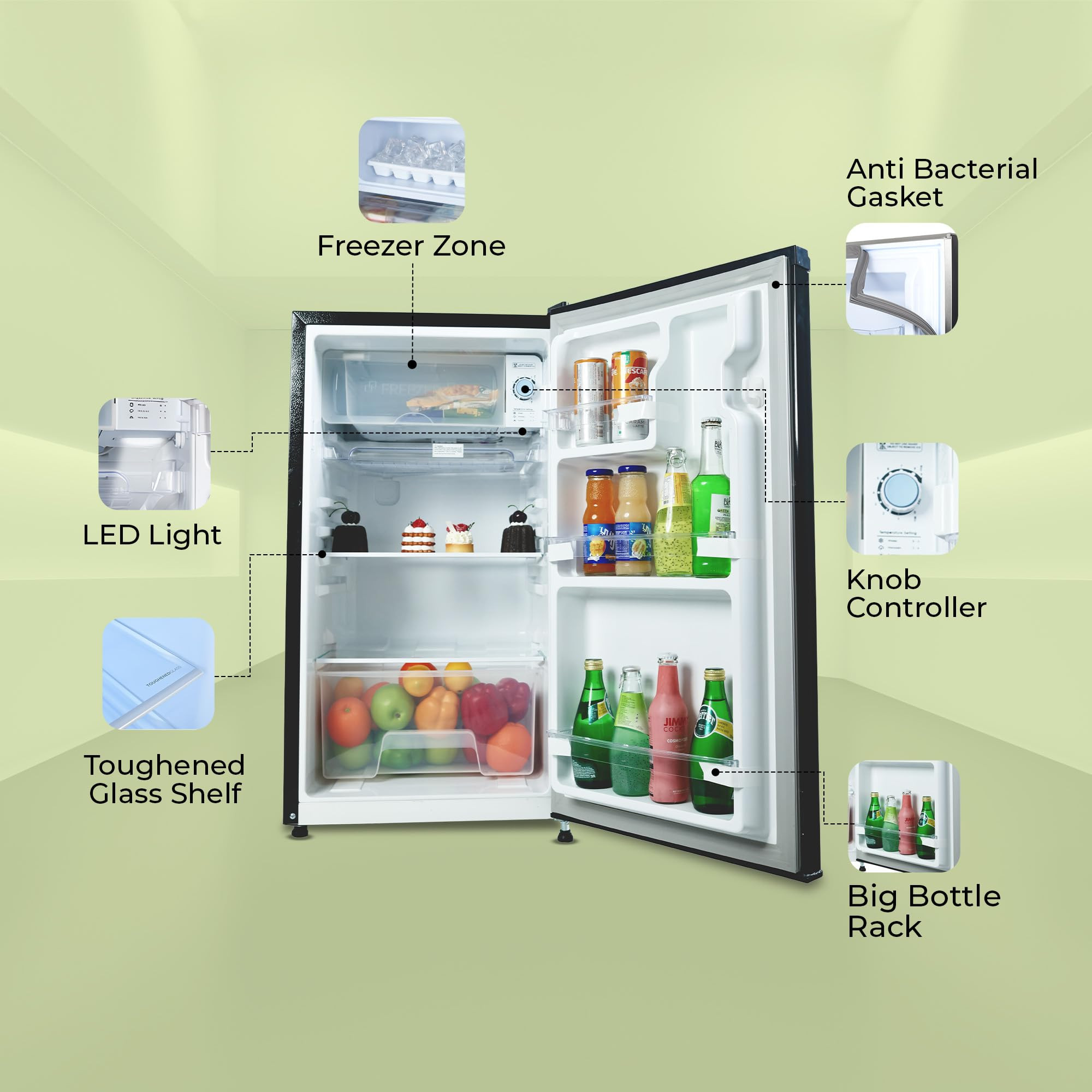 Haier 100 L 2 Star Direct Cool Single Door Mini Bar Refrigerator with Chiller Freezer Box LED Light for Clear View Lock  Key and Easy Clean Back HRD-1252KSA Black Steel 2026 Model