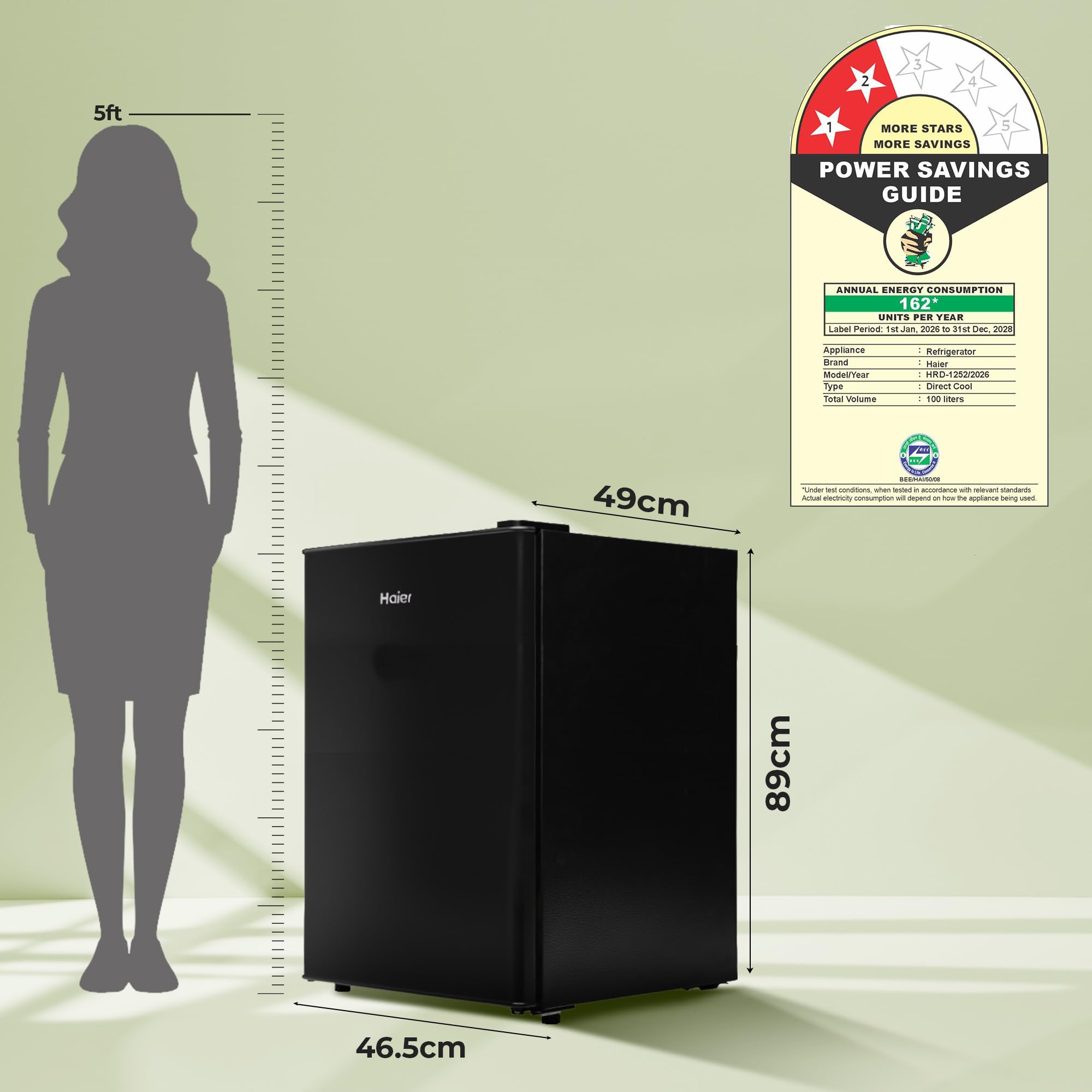 Haier 100 L 2 Star Direct Cool Single Door Mini Bar Refrigerator with Chiller Freezer Box LED Light for Clear View Lock  Key and Easy Clean Back HRD-1252KSA Black Steel 2026 Model