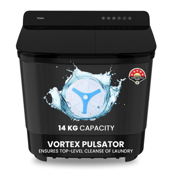 Image of Haier 14 kg 5 Star Toughened Glass &amp; Aqua Storm Semi Automatic Top Load (HTW140-178BK,Black)