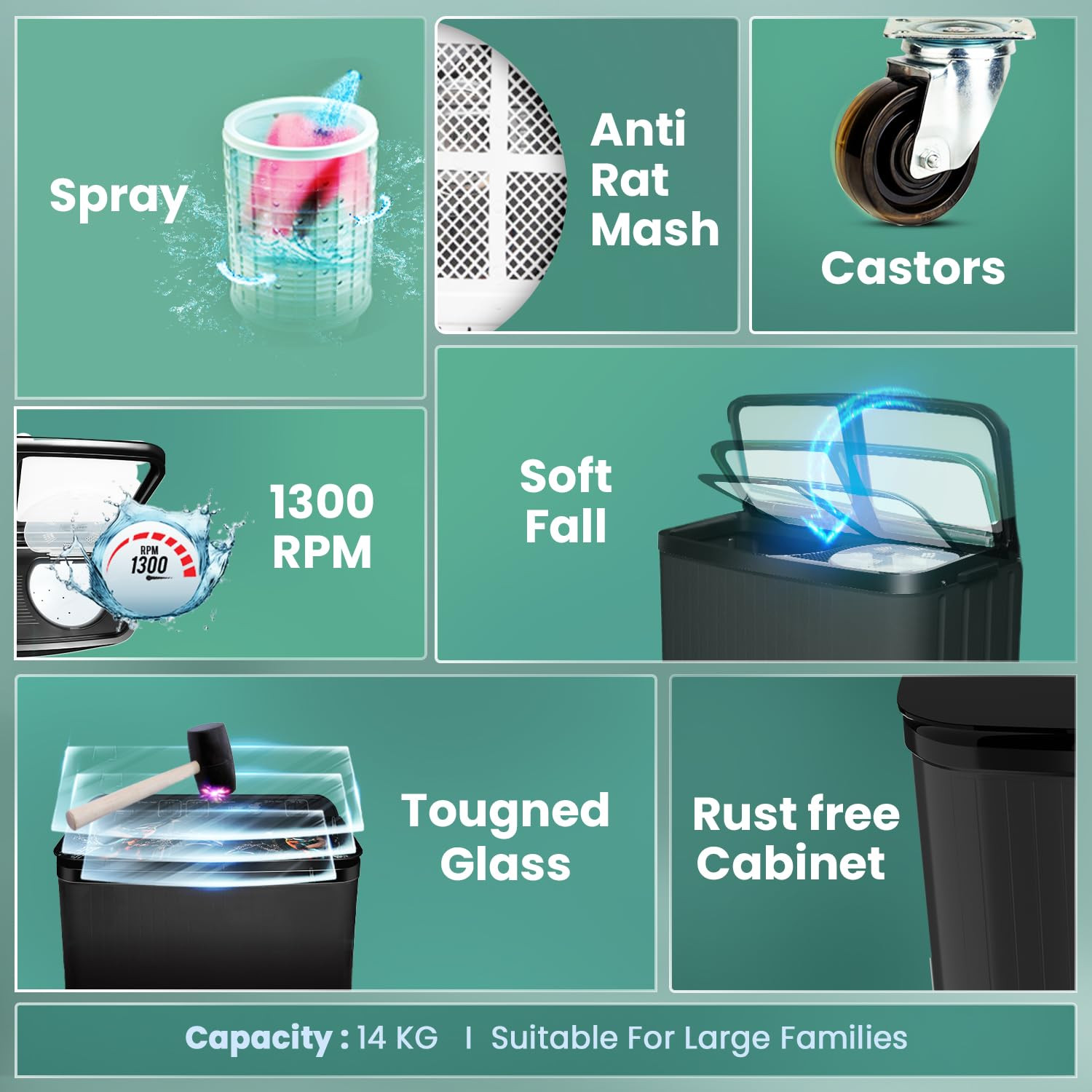 Haier 14 kg 5 Star Toughened Glass  Aqua Storm Semi Automatic Top Load HTW140-178BKBlack