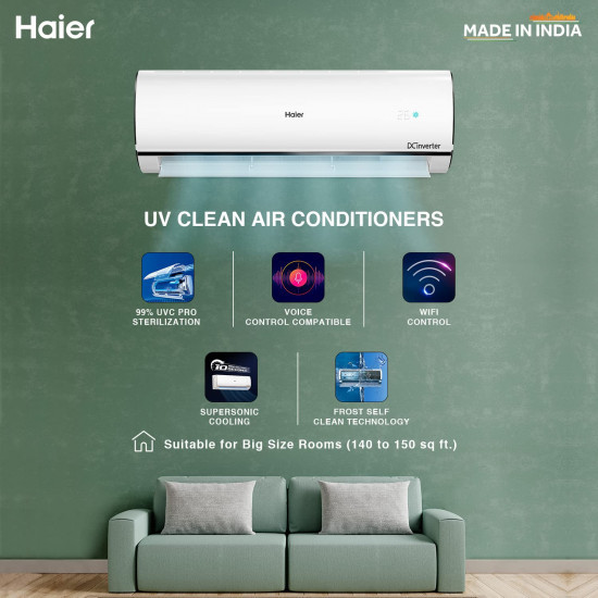 Haier 15 Ton 5 Star Heavy Duty UV Clean Hexa Inverter Intelli Smart Split AC Copper7 in 1 Convertible Anti Bacterial Filter Cools at 60C Temp 20 Mtrs Air Throw - HSU19U-PYFC5BE-INV2024 Model