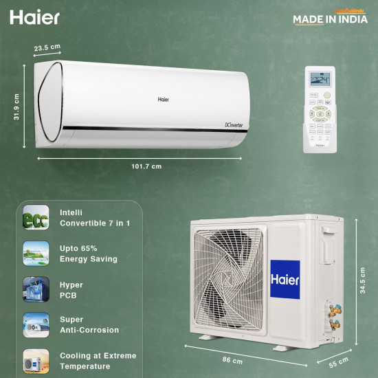 Haier 15 Ton 5 Star Heavy Duty UV Clean Hexa Inverter Intelli Smart Split AC Copper7 in 1 Convertible Anti Bacterial Filter Cools at 60C Temp 20 Mtrs Air Throw - HSU19U-PYFC5BE-INV2024 Model