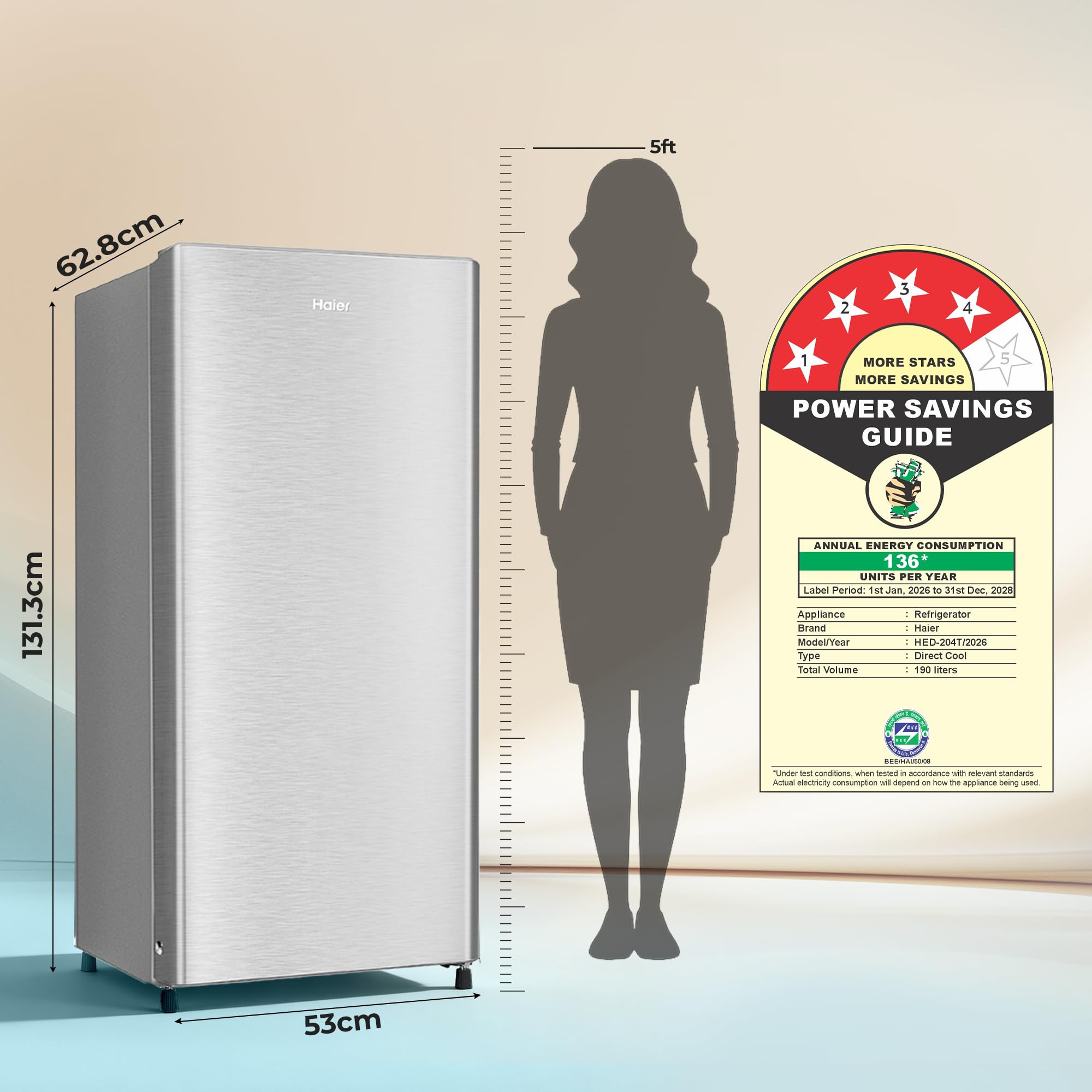 Haier 190 L 4 Star Direct Cool Single Door Refrigerator with Fast Ice Making Easy Clean Back Large Vegetable Box HED-204TDSA-N Dazzle Steel 2026 Model
