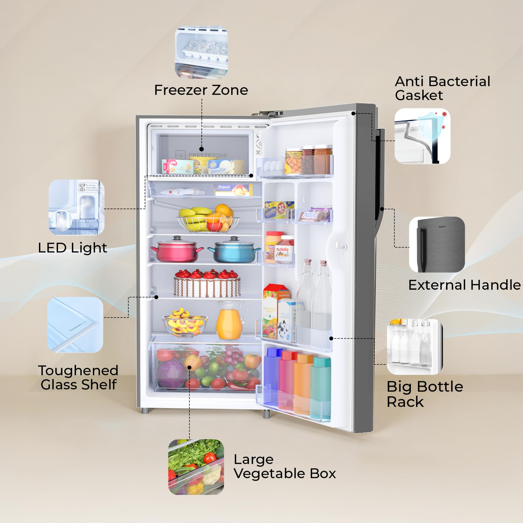 Haier 190 L 5 Star Direct Cool Inverter Single Door Refrigerator with Fast Ice Making Easy Clean Back Large Vegetable Box HED-205DSA-P Dazzle Steel 2026 Model