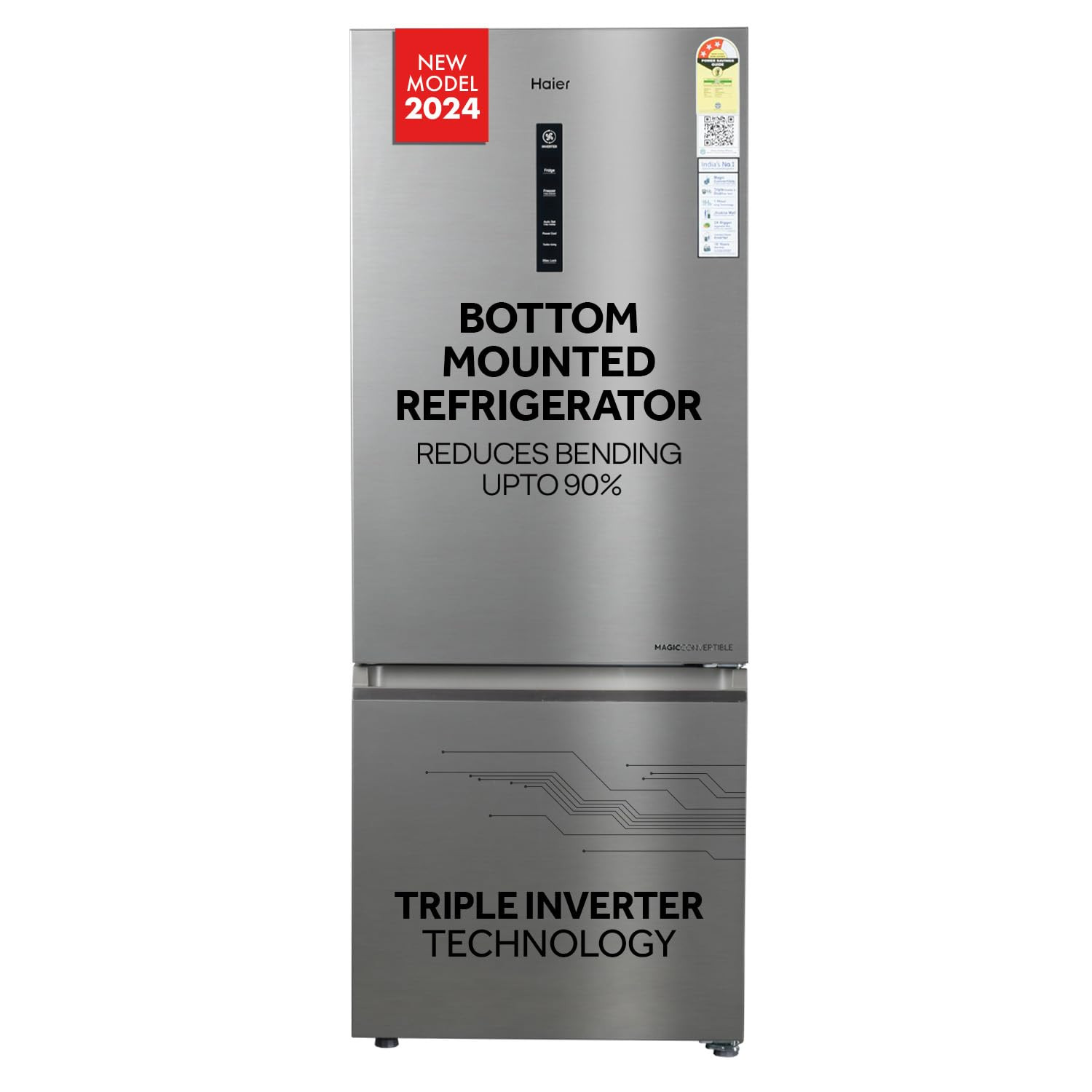 Haier 325 L 3 Star Convertible 14-in-1 Triple Inverter Fan Motor Technology with Display Frost Free Double Door Bottom Mount Refrigerator HEB-333DS-P Dazzle Steel 2024 Mode