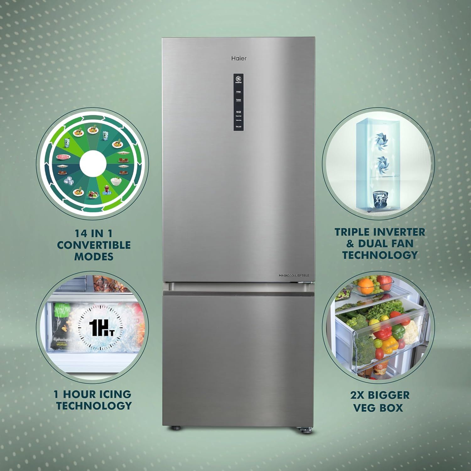 Haier 325 L 3 Star Convertible 14-in-1 Triple Inverter Fan Motor Technology with Display Frost Free Double Door Bottom Mount Refrigerator HEB-333DS-P Dazzle Steel 2024 Mode