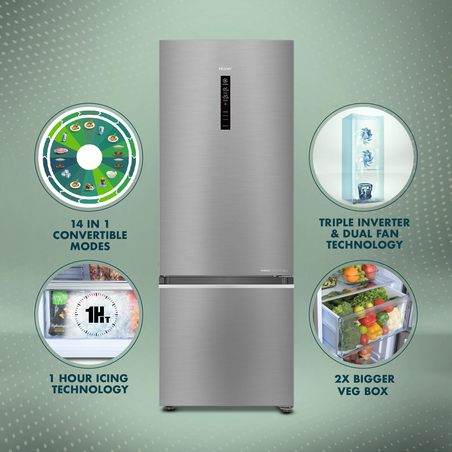 Haier 355 L 3 Star Convertible 14-in-1 Triple Inverter Fan Motor Technology with Display Frost Free Bottom Mounted Double Door Refrigerator HEB-363TS-P Inox Steel 2024 Model