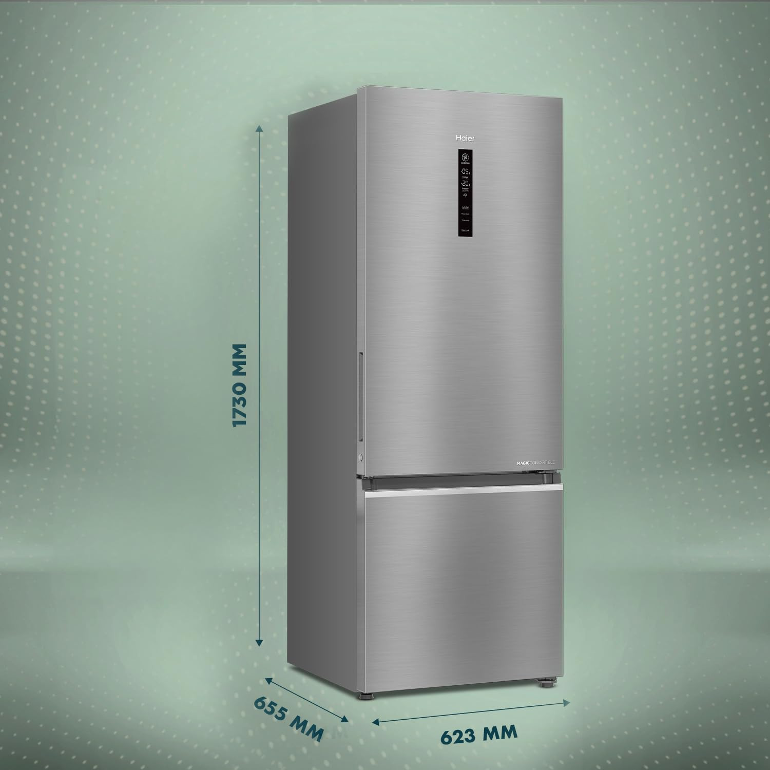 Haier 355 L 3 Star Convertible 14-in-1 Triple Inverter Fan Motor Technology with Display Frost Free Bottom Mounted Double Door Refrigerator HEB-363TS-P Inox Steel 2024 Model