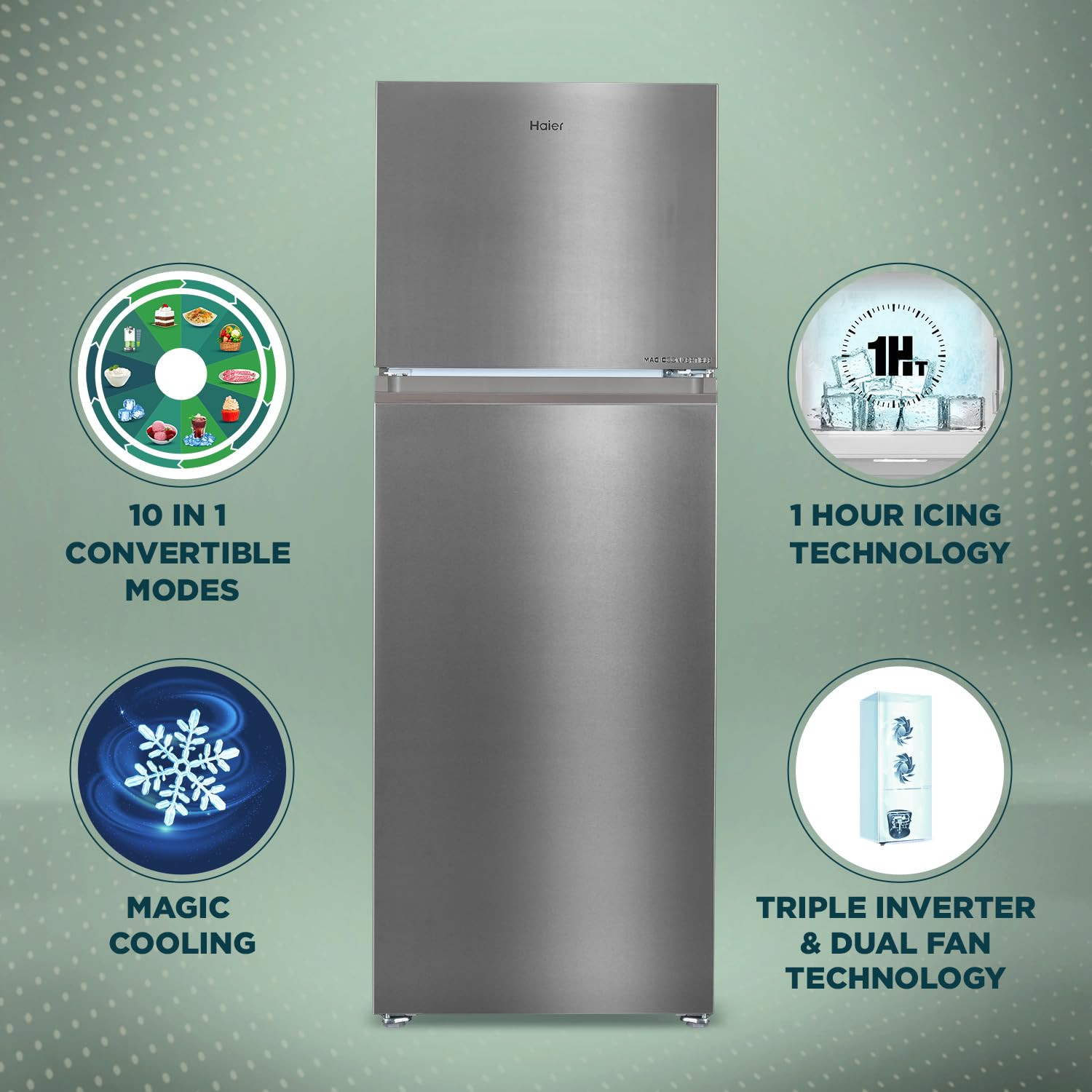 Haier 358 L 3 Star Convertible 10-in-1 Triple Inverter Dual Fan Motor Technology Frost Free Double Door Refrigerator HEF-363TS-P Inox Steel 2024 Model