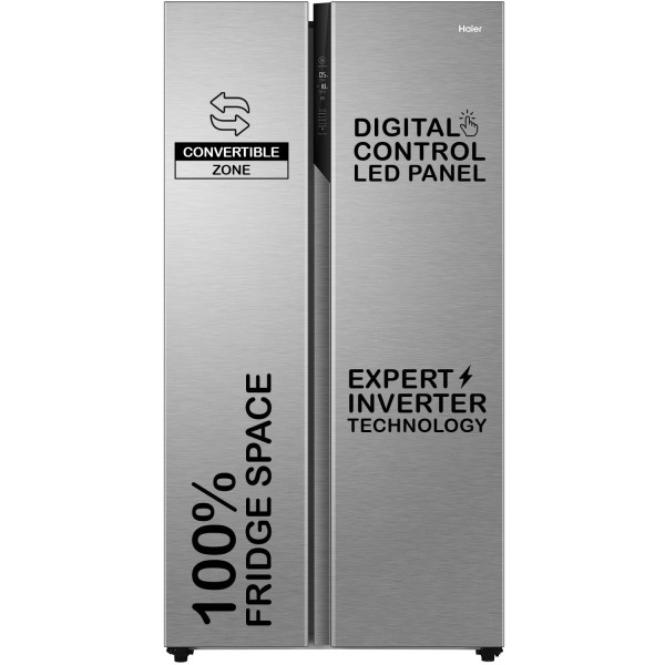 Image of Haier 596 L, 3 Star, 100% Convertible Fridge Space, Expert Inverter, Frost Free Side by Side Refrigerator, (HES-690SS-P, Shiny Silver)
