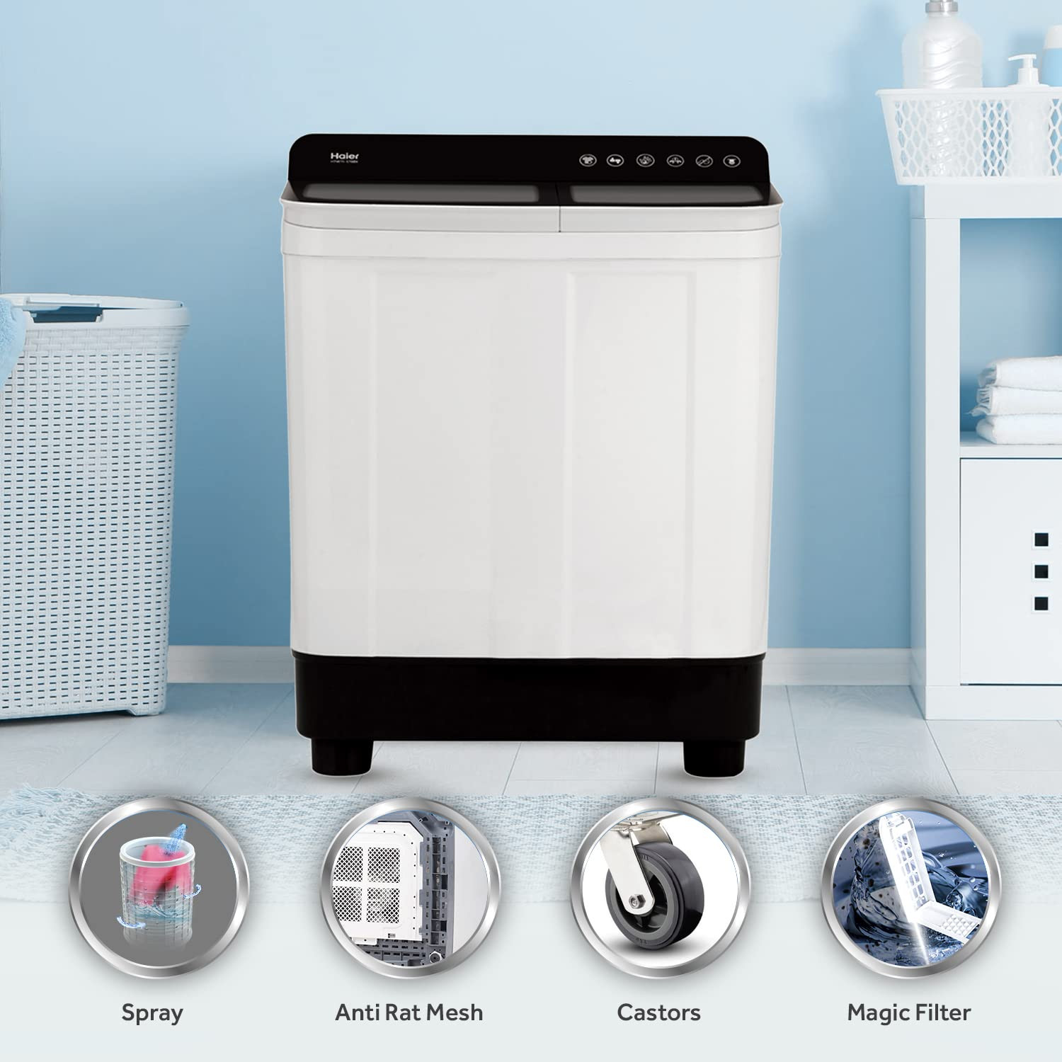 Haier 7kg Semi-Automatic Top Load Washer with Anti-Bacterial Pulsator Magic Filter - 1300 RPM Black