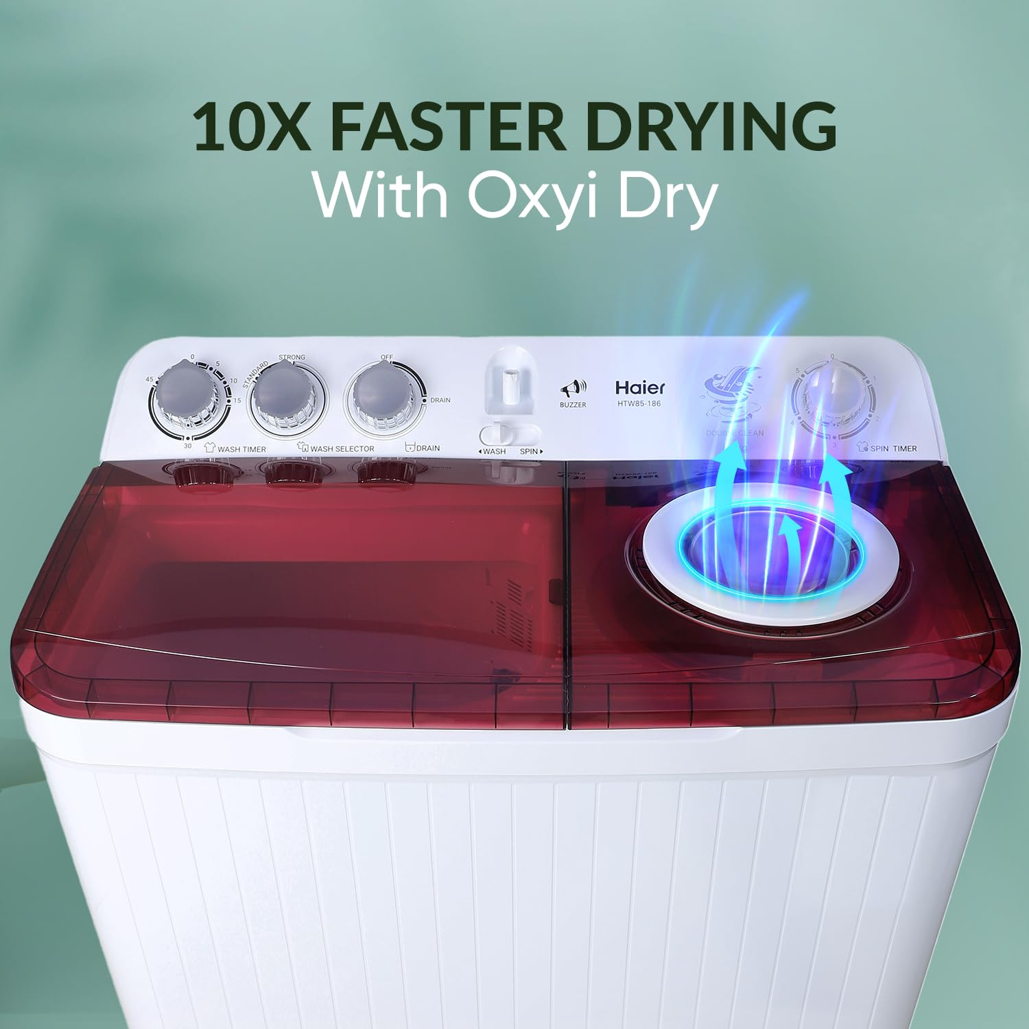 Haier 85 Kg 5 Star Oxyi Dry Technology Semi Automatic Top Loading Washing Machine HTW85-186 Anti Bacterial Vortex Pulsator Magic Filter Rat Mesh Maroon White