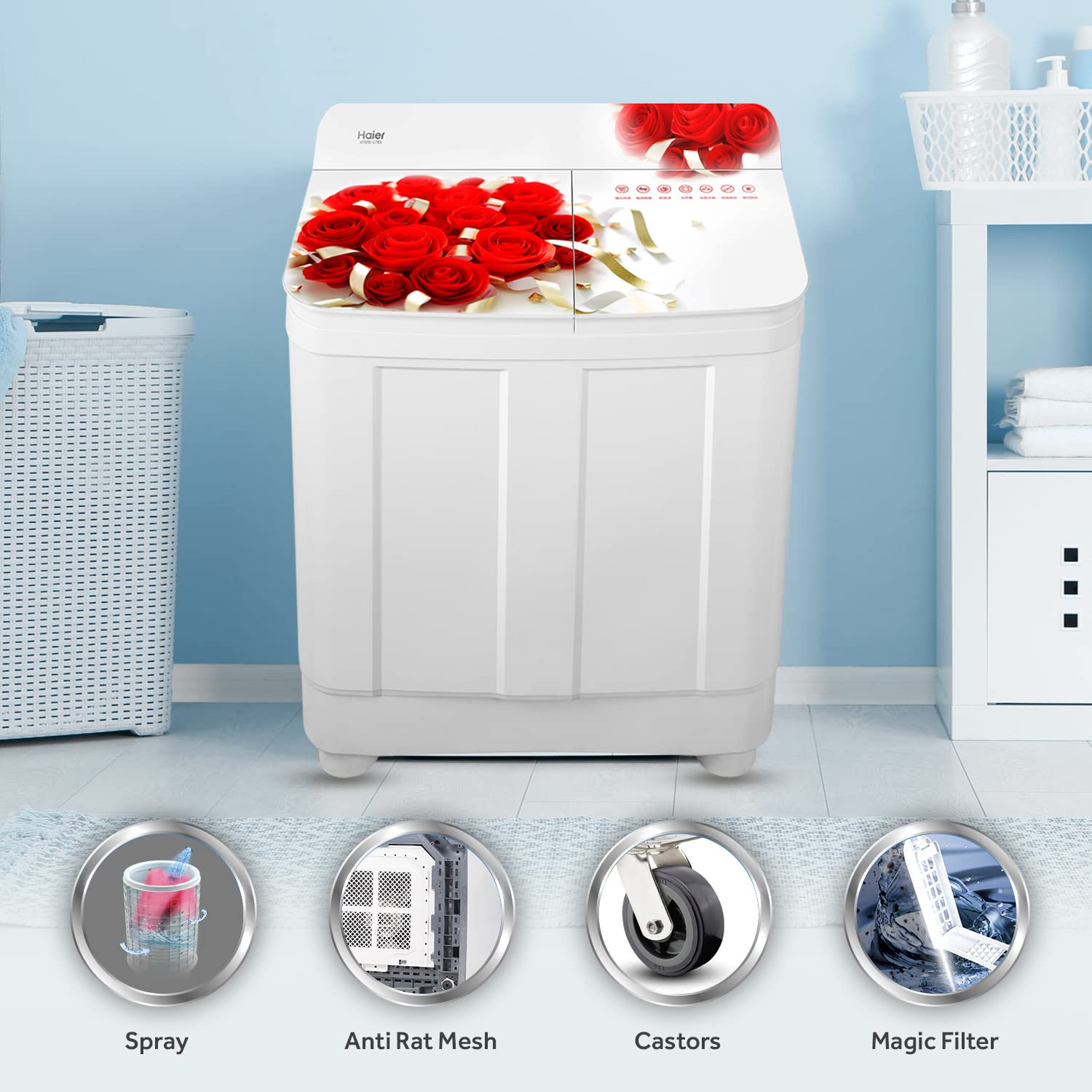 Haier 85 Kg 5 Star Voltex Pulsator Semi-Automatic Top Load Washing Machine HTW85-178 Red Rose
