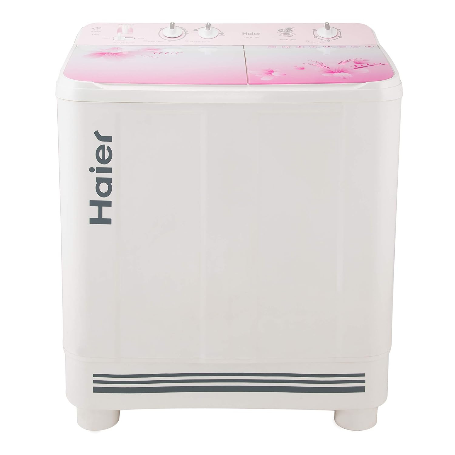 Haier 9 Kg 5 Star Anti-Bacterial Vortex Pulsator Semi Automatic Top Load Pink HTW90-1159FL White Toughened Glass