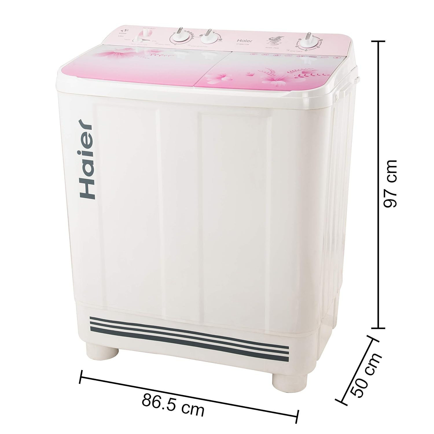 Haier 9 Kg 5 Star Anti-Bacterial Vortex Pulsator Semi Automatic Top Load Pink HTW90-1159FL White Toughened Glass