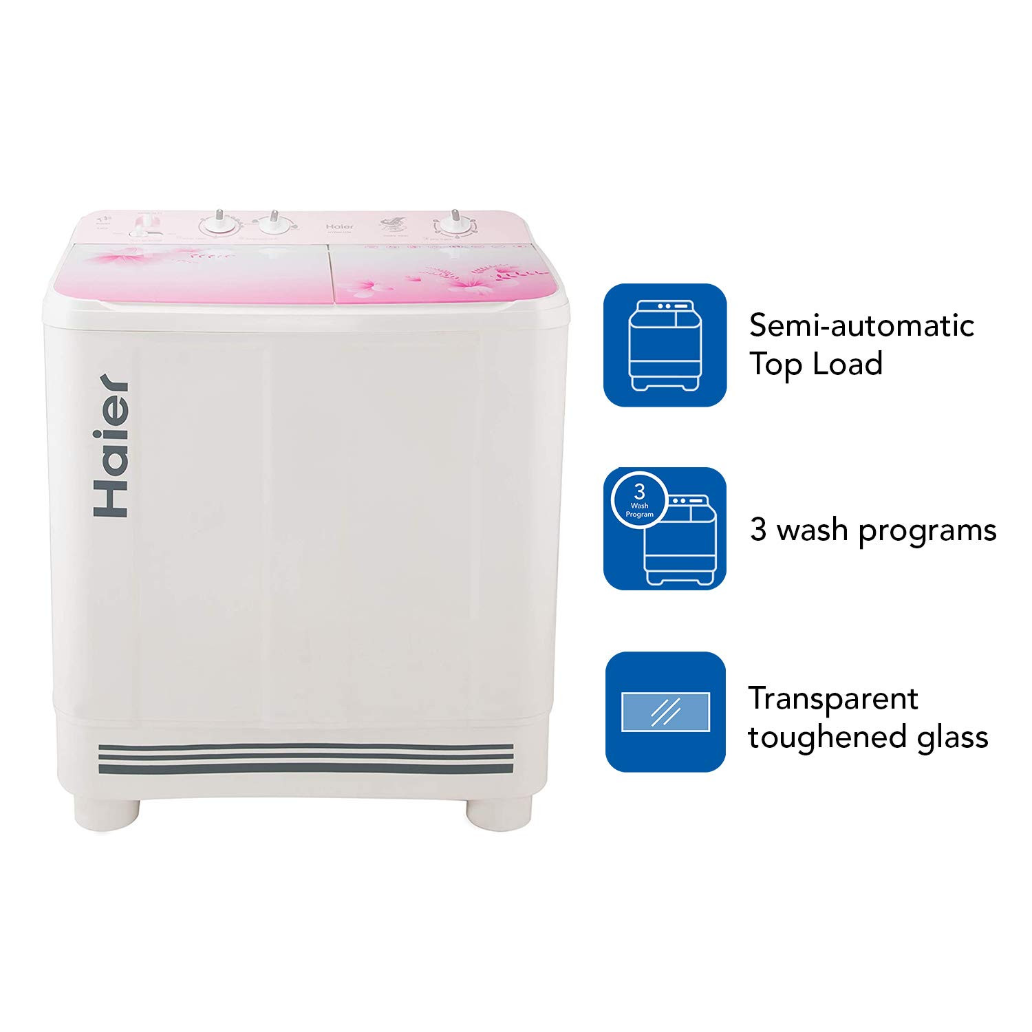 Haier 9 Kg 5 Star Anti-Bacterial Vortex Pulsator Semi Automatic Top Load Pink HTW90-1159FL White Toughened Glass