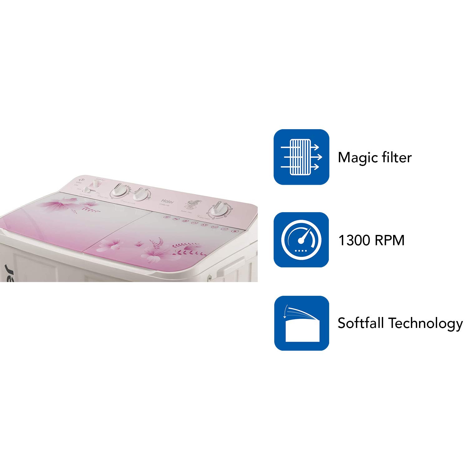 Haier 9 Kg 5 Star Anti-Bacterial Vortex Pulsator Semi Automatic Top Load Pink HTW90-1159FL White Toughened Glass