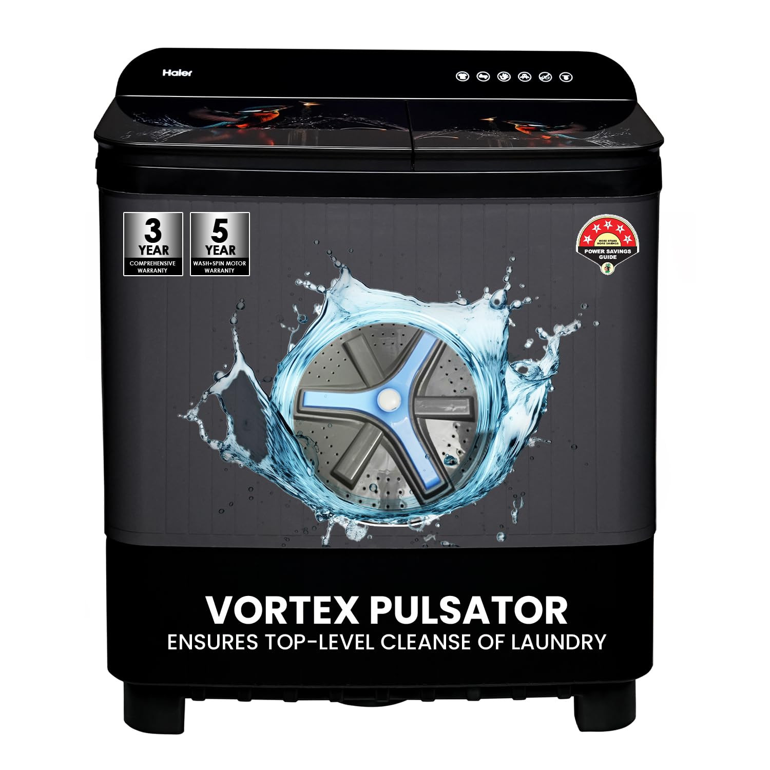 Haier 9 kg 5 Star Toughened Glass Vortex pulsator Semi Automatic Top Load HTW90-178FLBlack