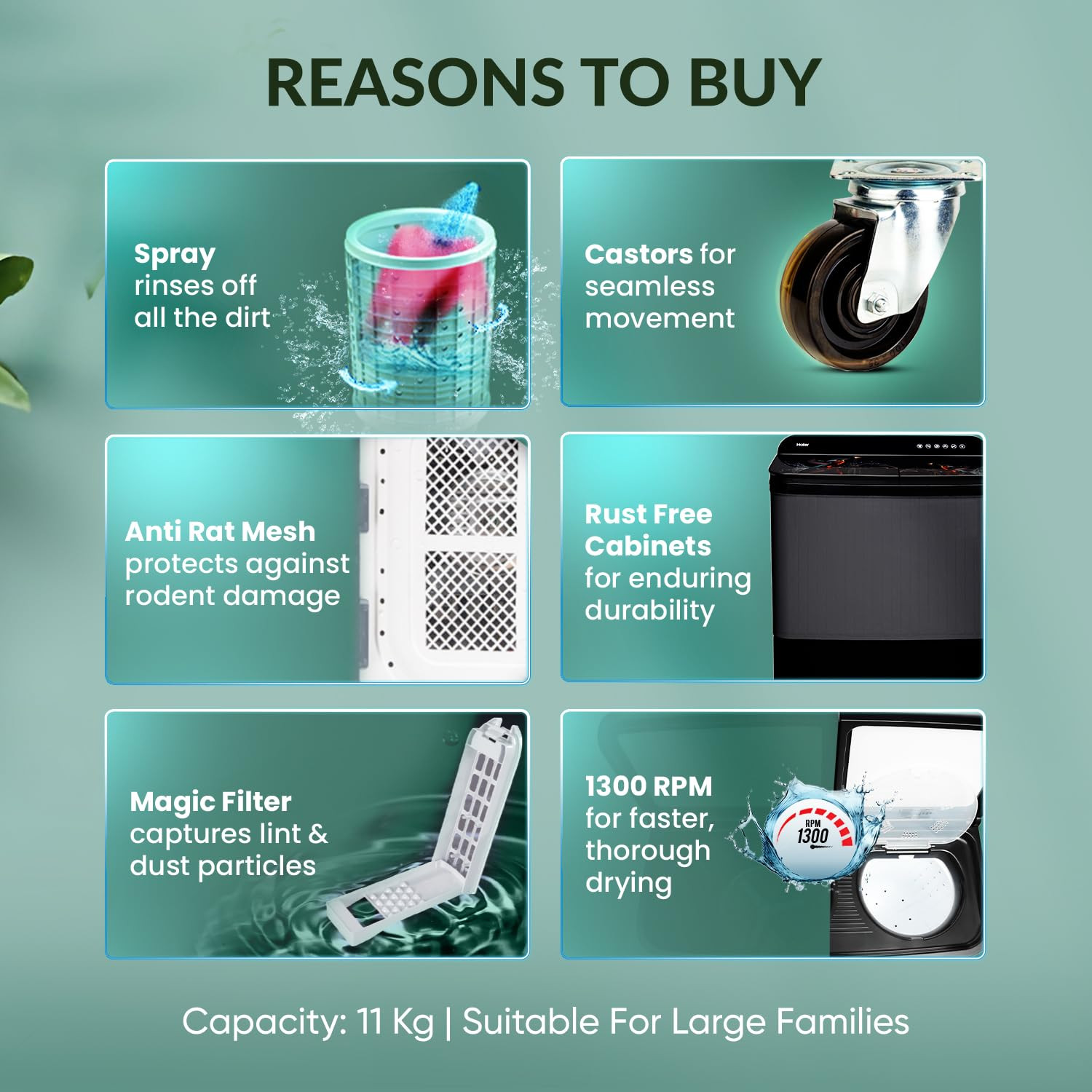 Haier 9 kg 5 Star Toughened Glass Vortex pulsator Semi Automatic Top Load HTW90-178FLBlack